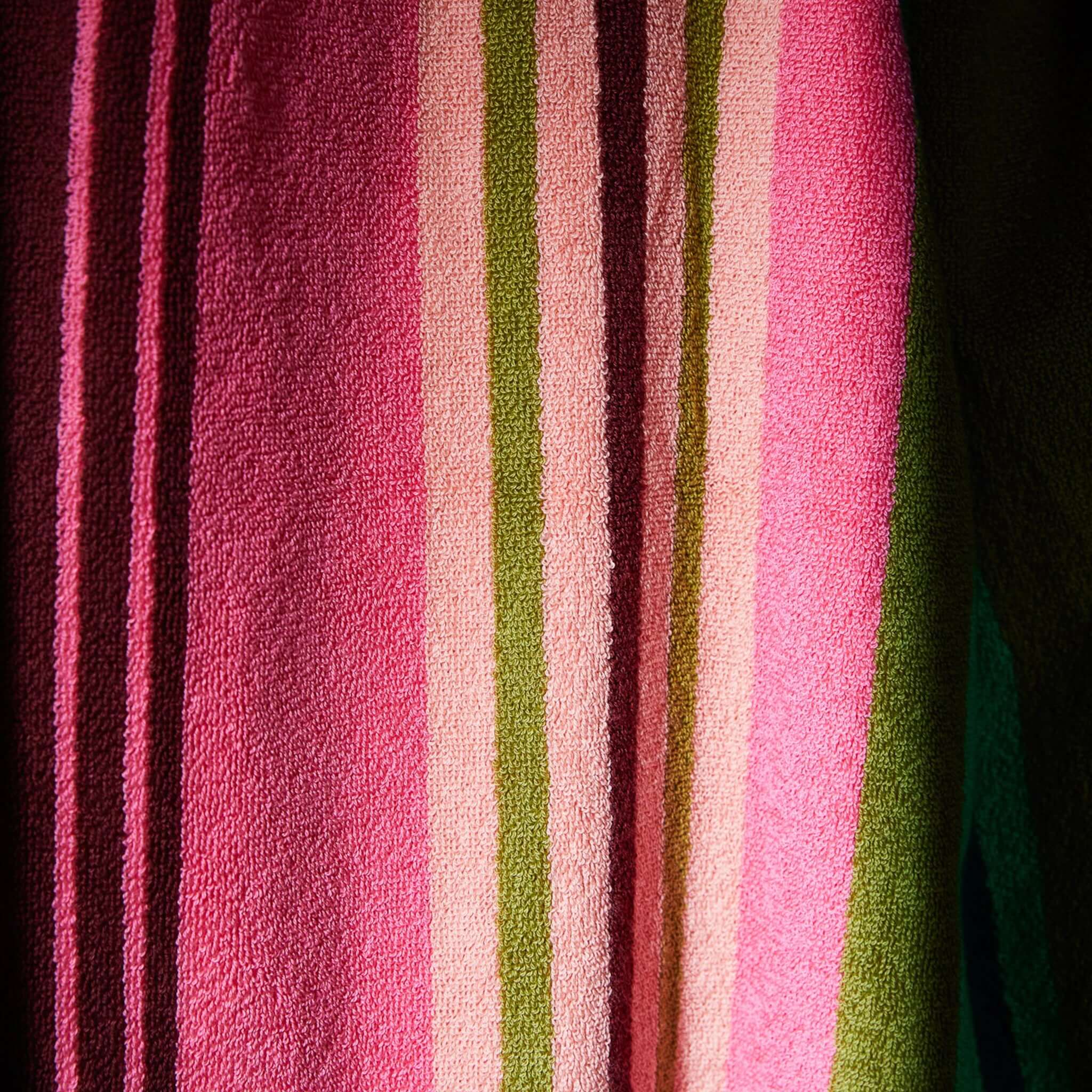 Alt Tag: Sage x Clare Nicolette Bath Sheet - Juniper vibrant striped terry bath towel, plush absorbent texture, quick-drying luxury