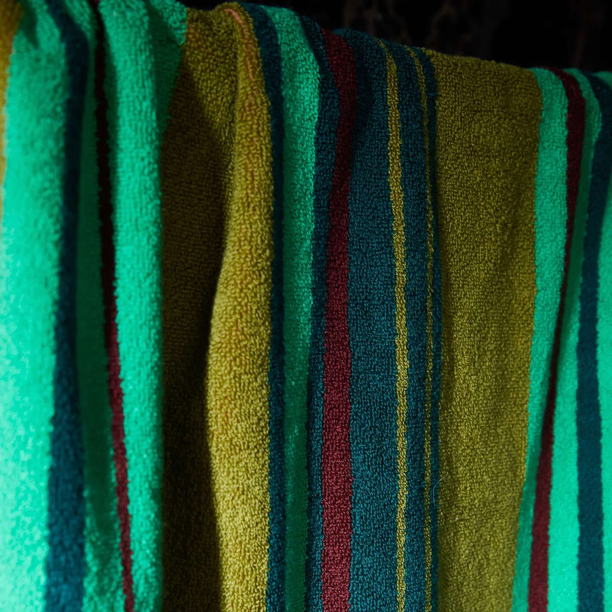 Alt Tag: Sage x Clare Nicolette Bath Sheet - Juniper striped plush terry bath towel in vibrant juniper green, quick-dry and soft