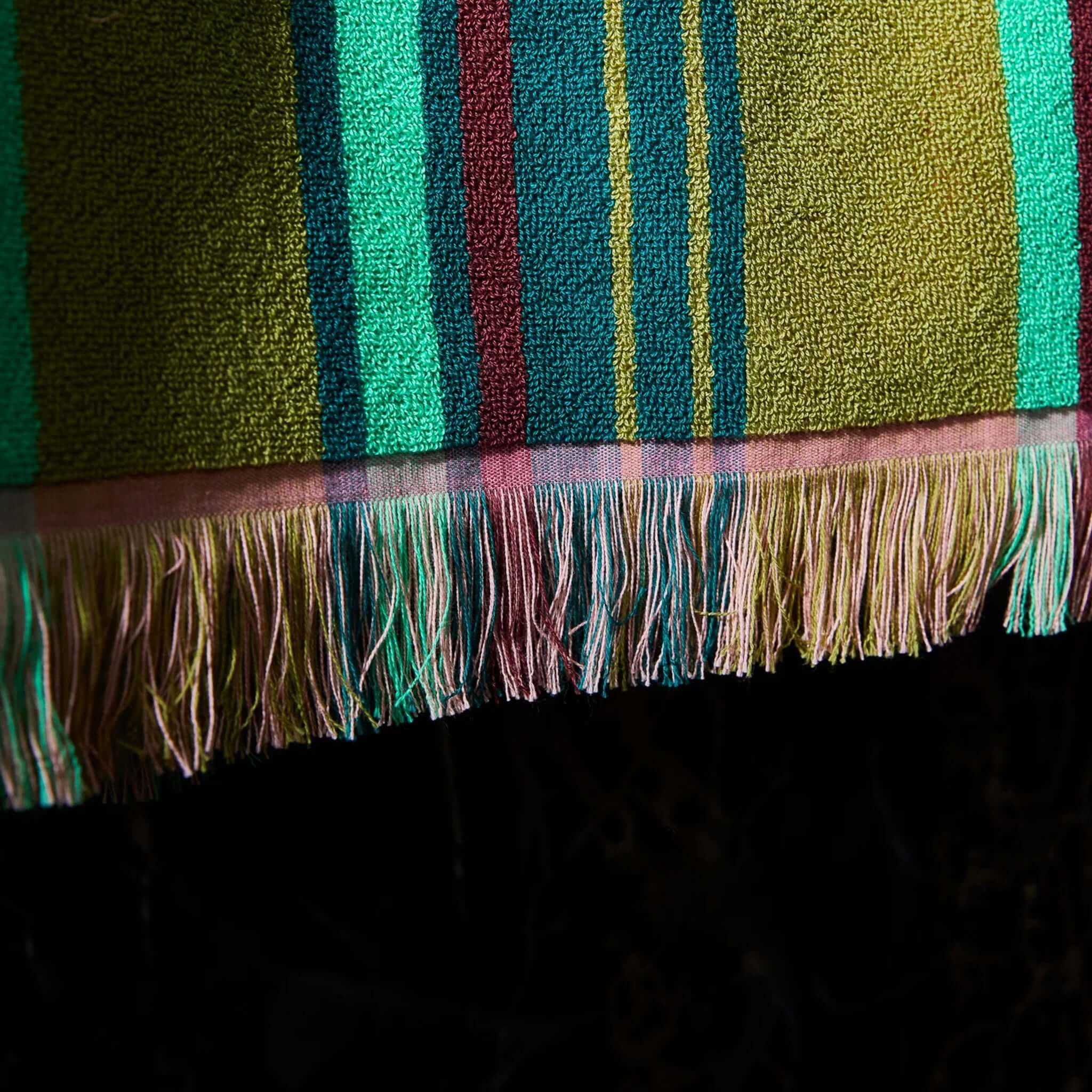 Alt Tag: Sage x Clare Nicolette Bath Sheet - Juniper striped terry towel with fringe trim, plush absorbent bath sheet detail