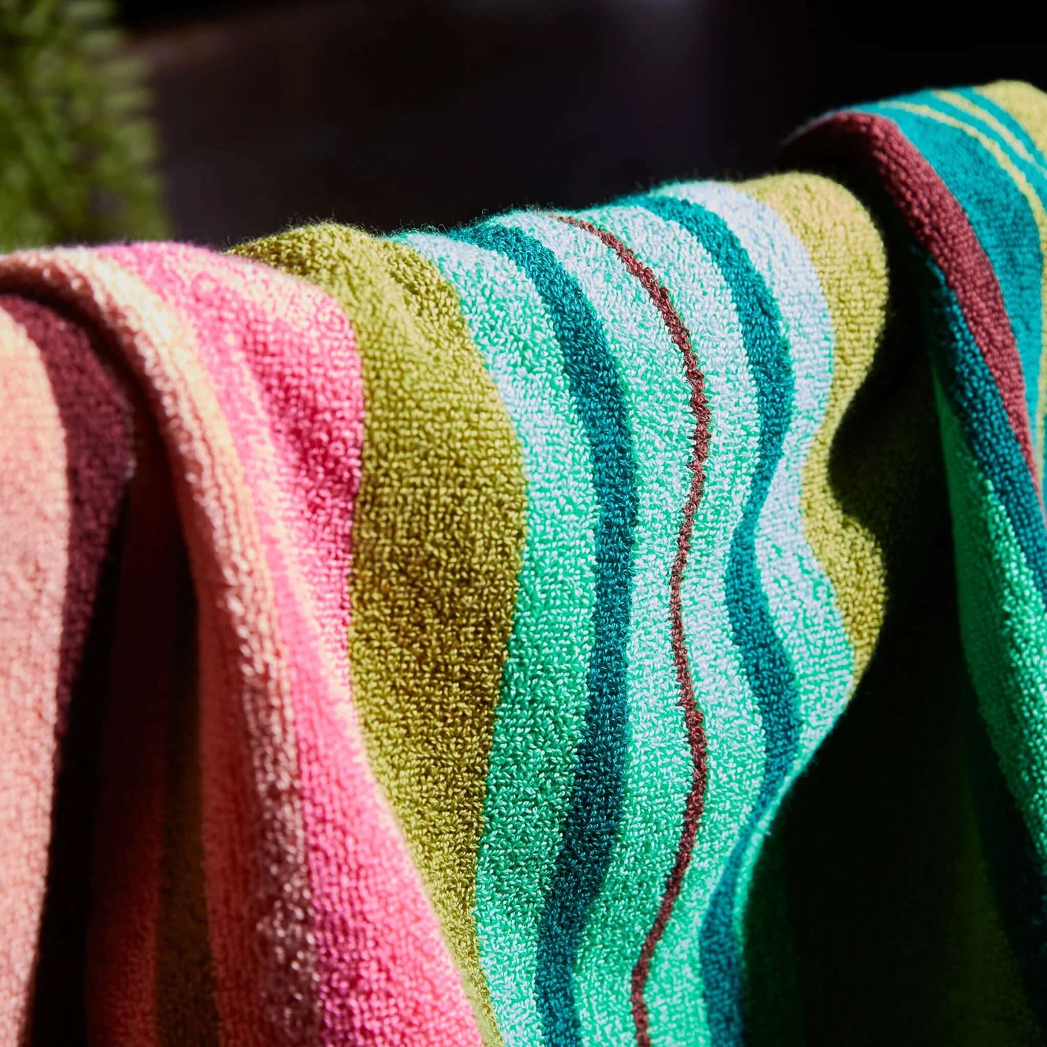 Alt Tag: Sage x Clare Nicolette Hand Towel - Juniper colourful striped terry hand towel, soft absorbent quick-drying bathroom towel