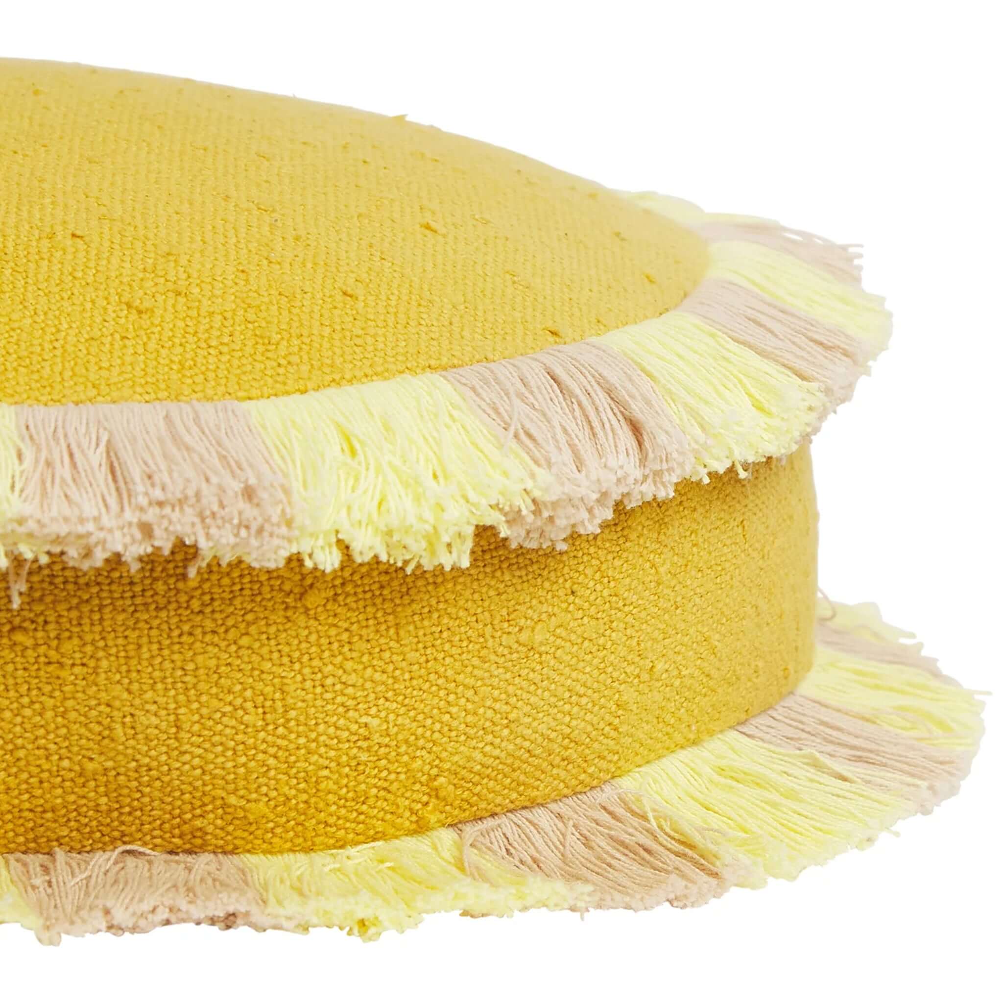 Sage x Clare Reese Round Cushion - Ochre featuring textured ochre cotton front and playful lemon and blush fringe.