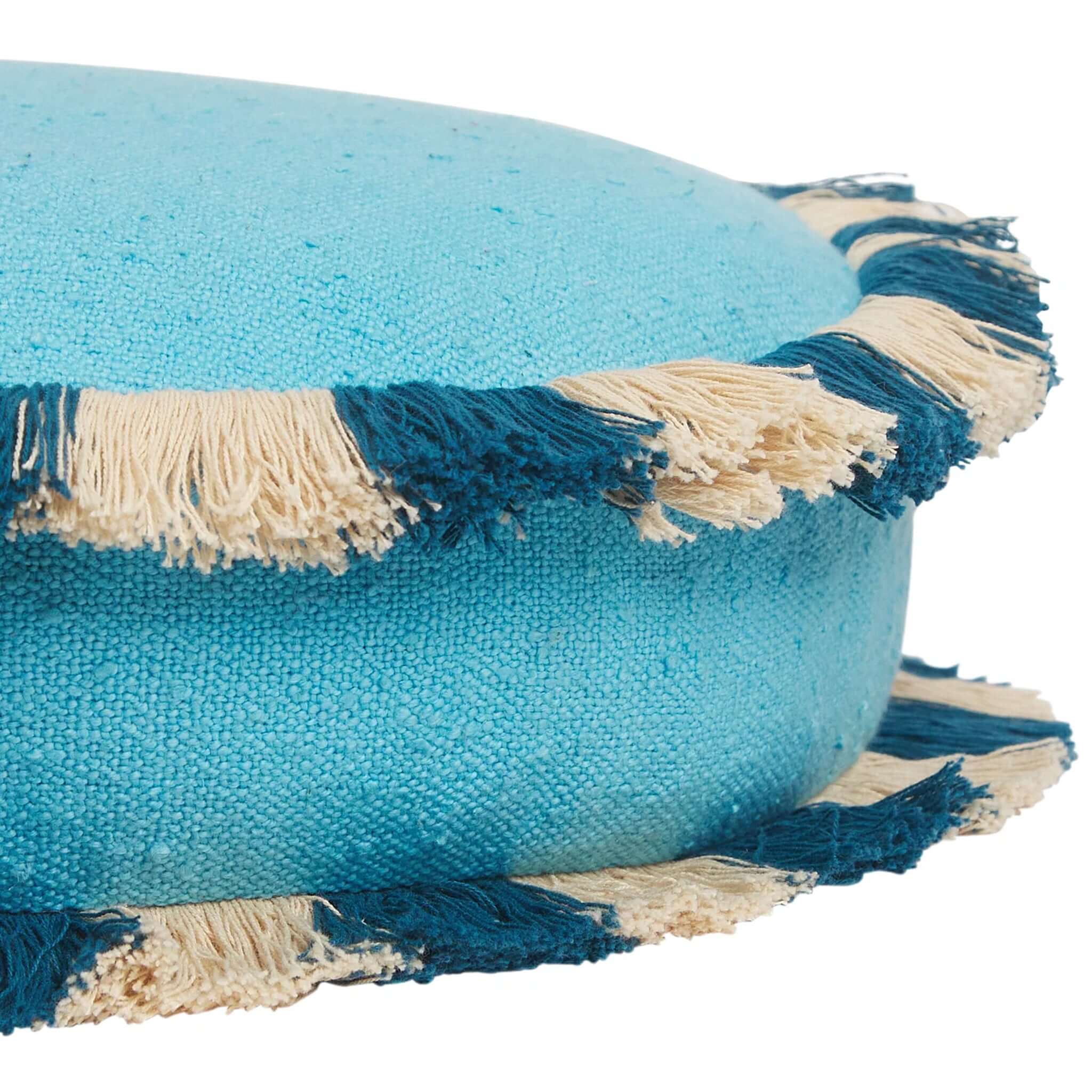 Sage x Clare Reese Round Cushion - Turqouise with textured cotton front and two-tone fringe in navy and cream.