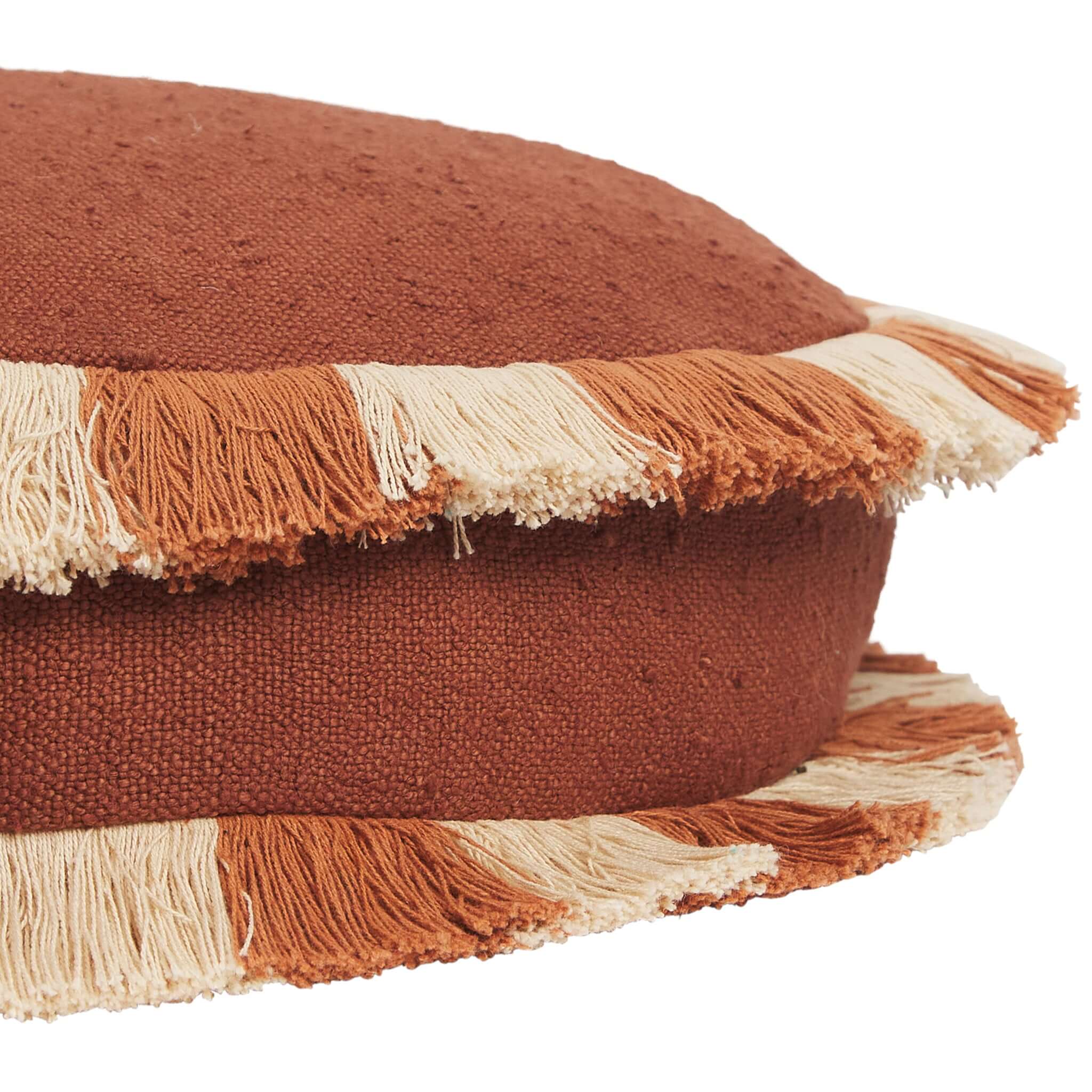 Sage x Clare Reese Round Cushion - Umber featuring textured umber cotton and rust-cream fringe trim.