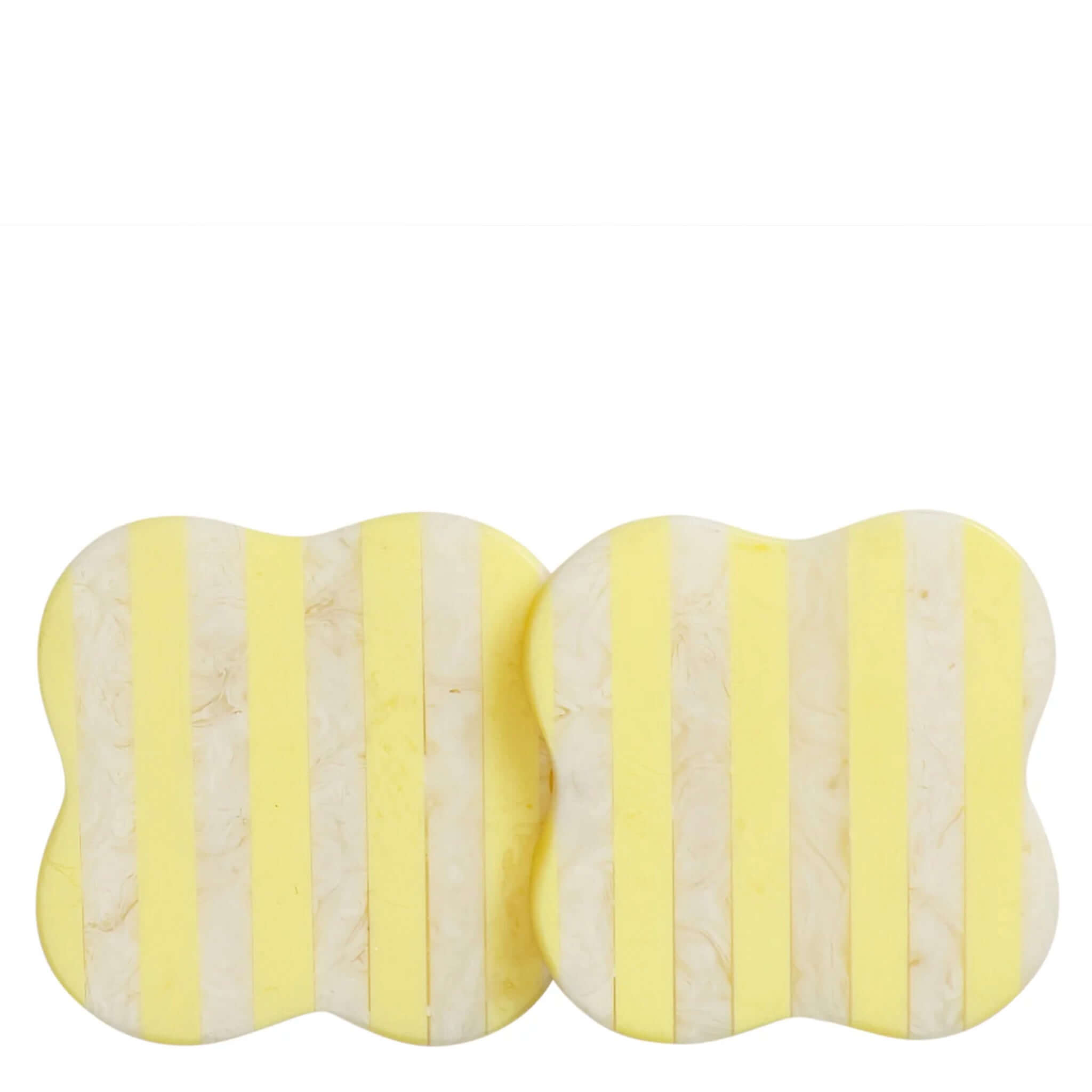 Sage x Clare Resin Noellyn Coaster Set - Aspen Gold with retro lines and graphic stripes in sunny yellow and pearly ivory.