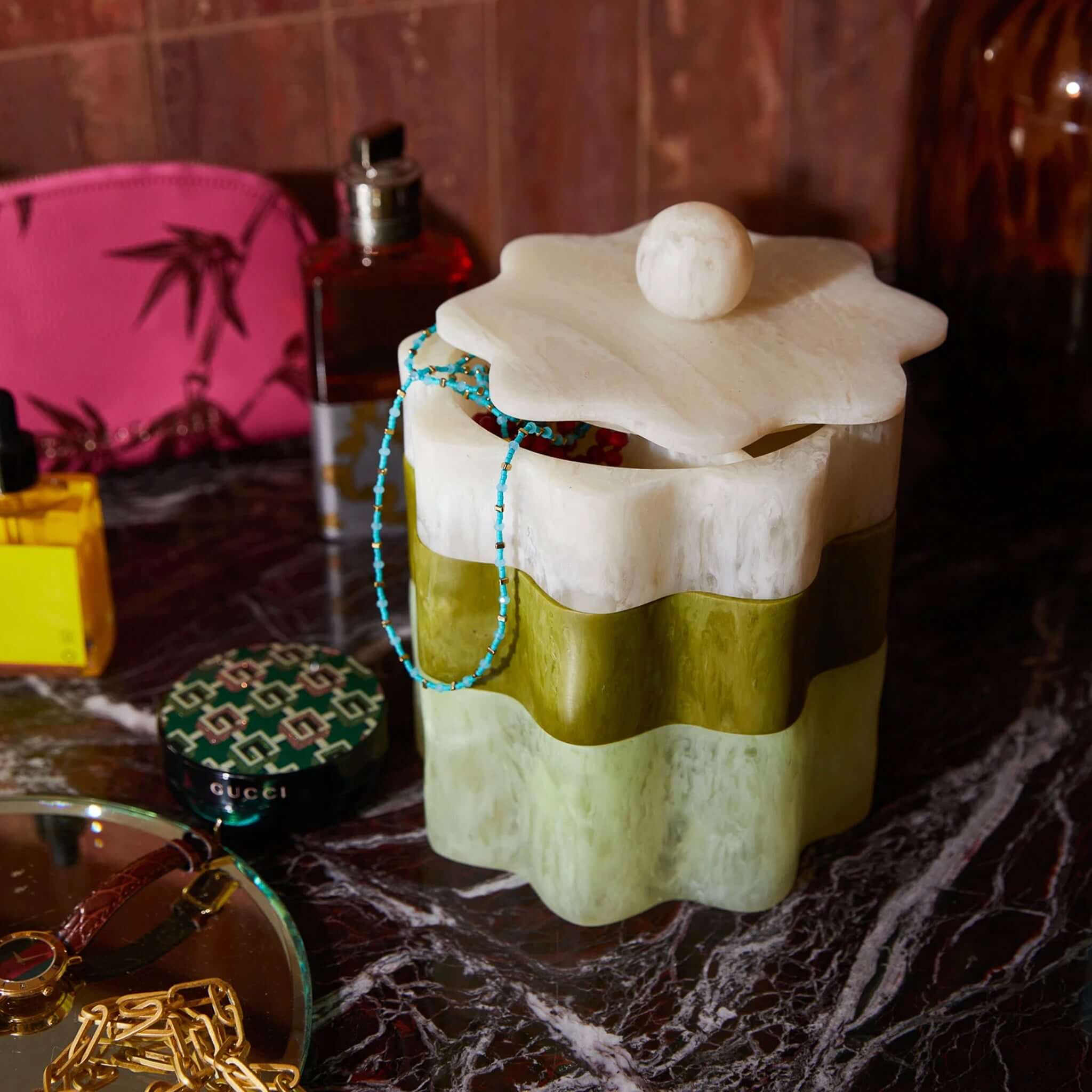 Sage x Clare Resin Sophie Stacking Jewelry Box Set - Pearl displayed on a marble surface with jewelry pieces.