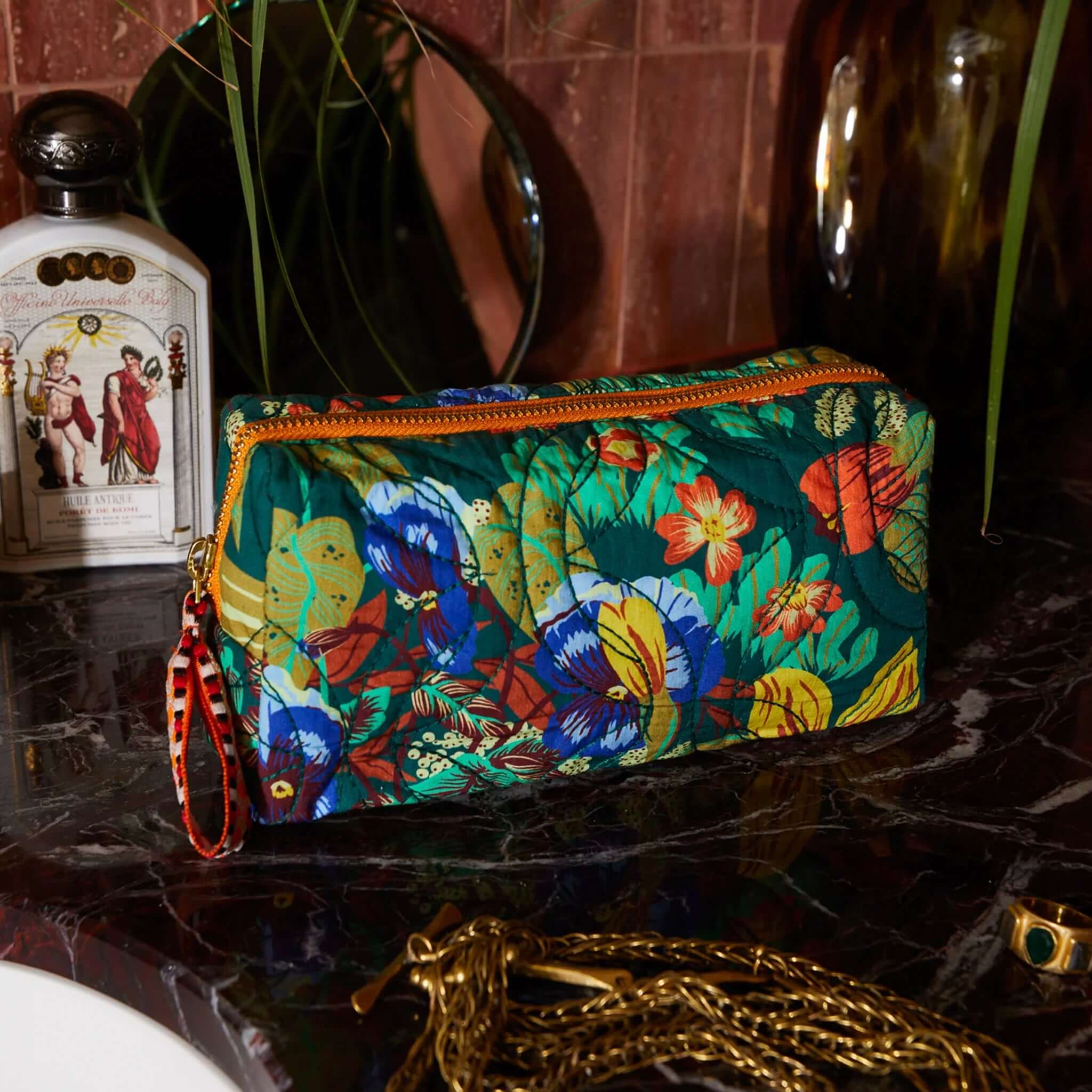 Alt Tag: Sage x Clare Travel Pouch - Babette lightly quilted cotton floral travel pouch for makeup, skincare and essentials with zip closure