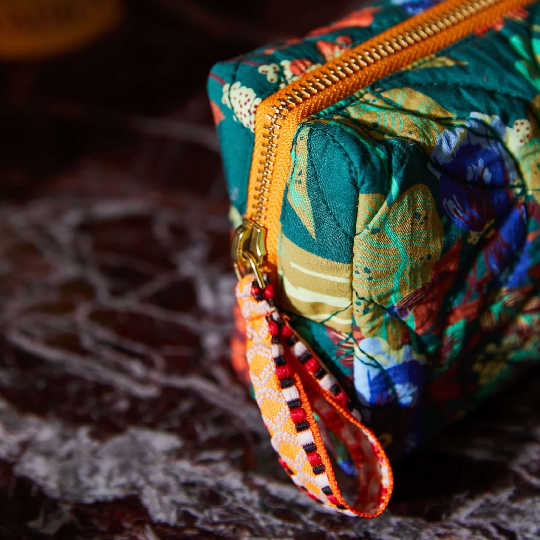 Alt Tag: Sage x Clare Travel Pouch - Babette lightly quilted cotton makeup bag with floral print and zip, compact travel organiser