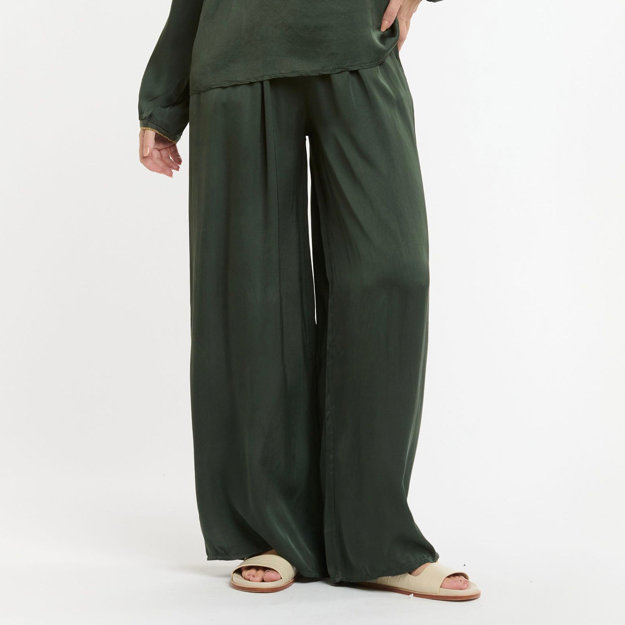 Satin Wide Leg Lounge Pants - Hunter Green
