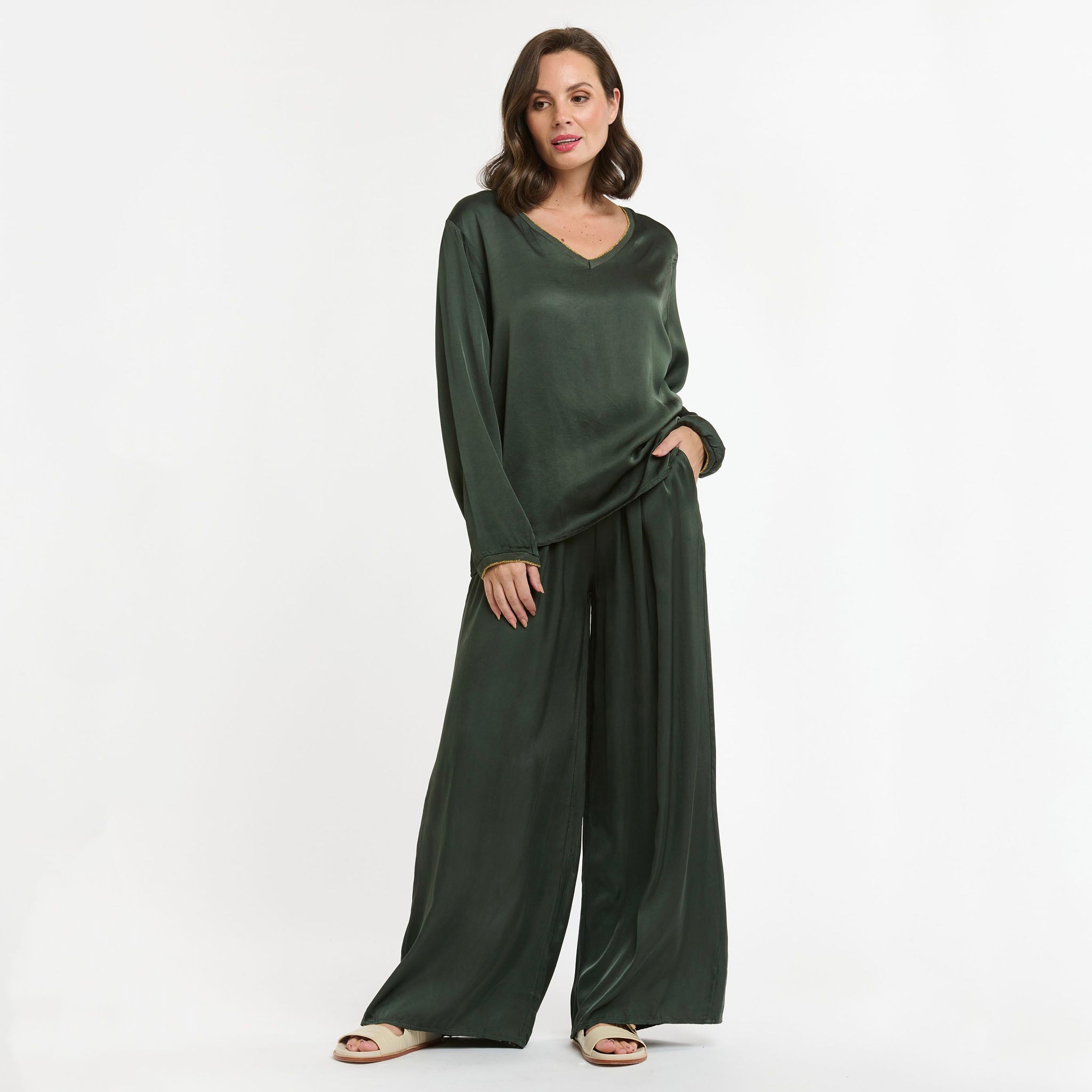 Satin Wide Leg Lounge Pants - Hunter Green