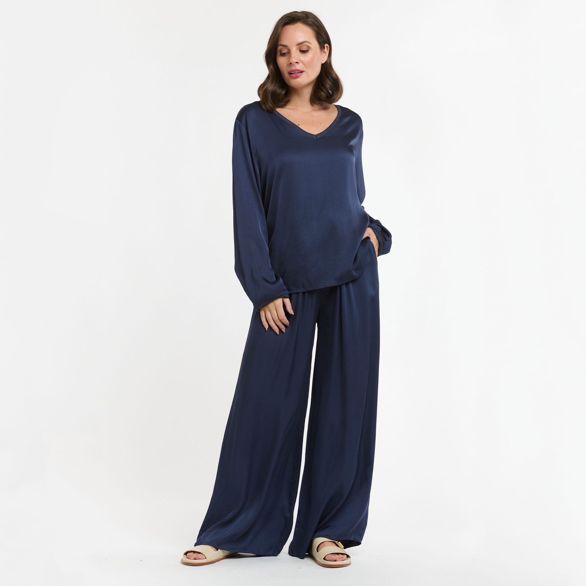 Satin Wide Leg Lounge Pants - Navy