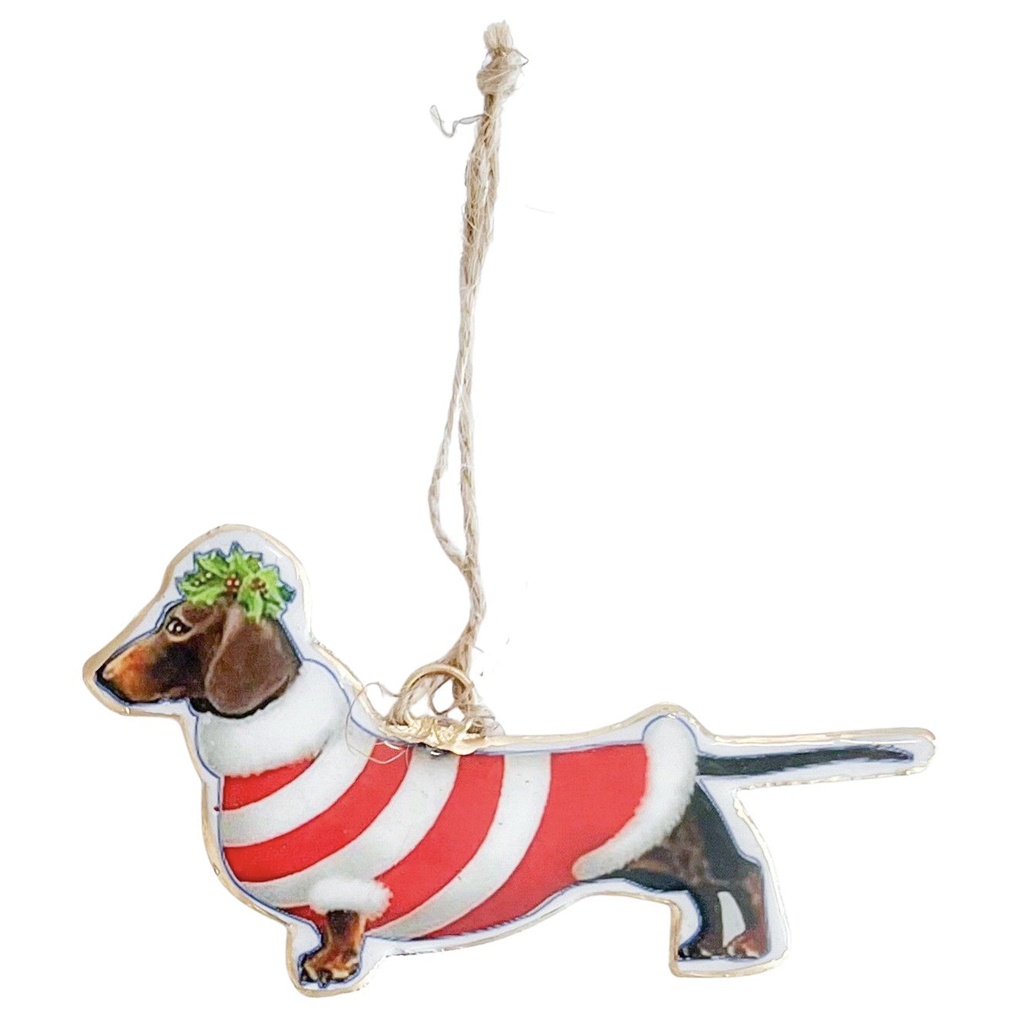 Decorative ornament of a dachshund with red and white stripes on a white background