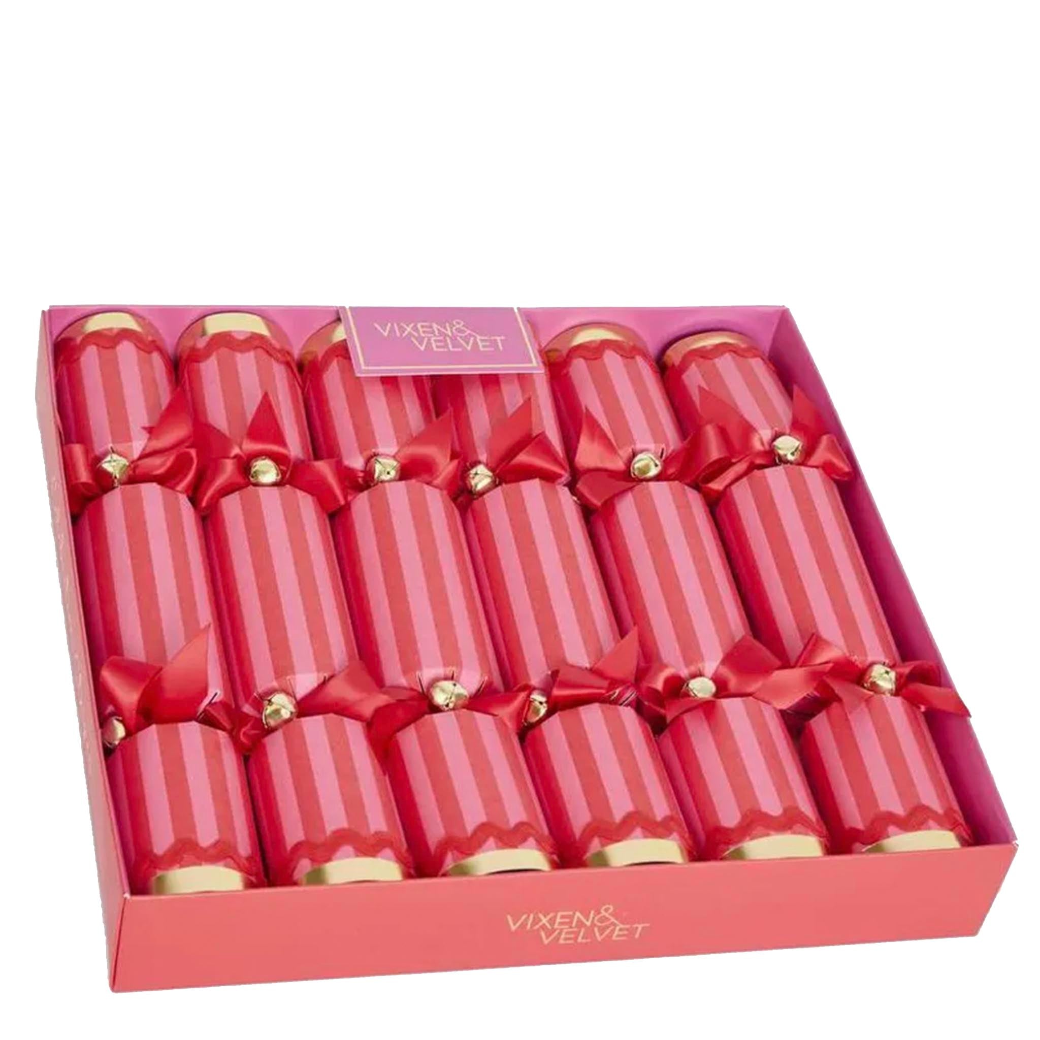 Box of red Christmas crackers with gold accents, branded 'Vixen & Velvet', on a white background.
