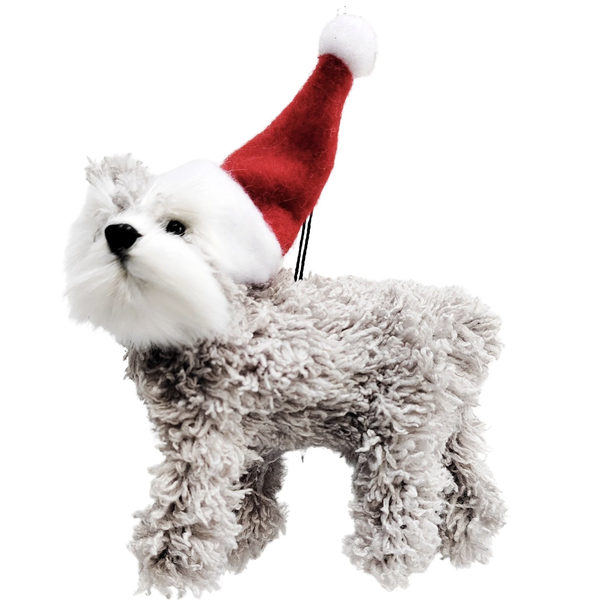 A plush toy resembling a Schnauzer dog wearing a red and white Christmas hat, designed as a hanging decoration for the holiday season.