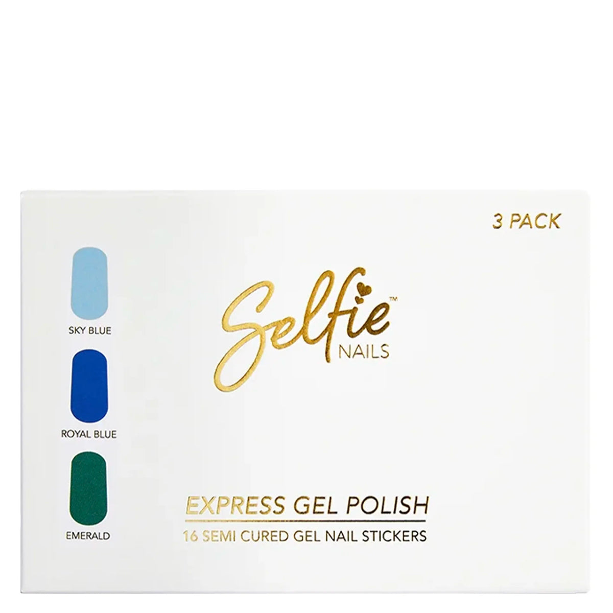 Selfie Nails Express Gel Polish Strips in Sky Blue, Royal Blue and Emerald shades, manicure