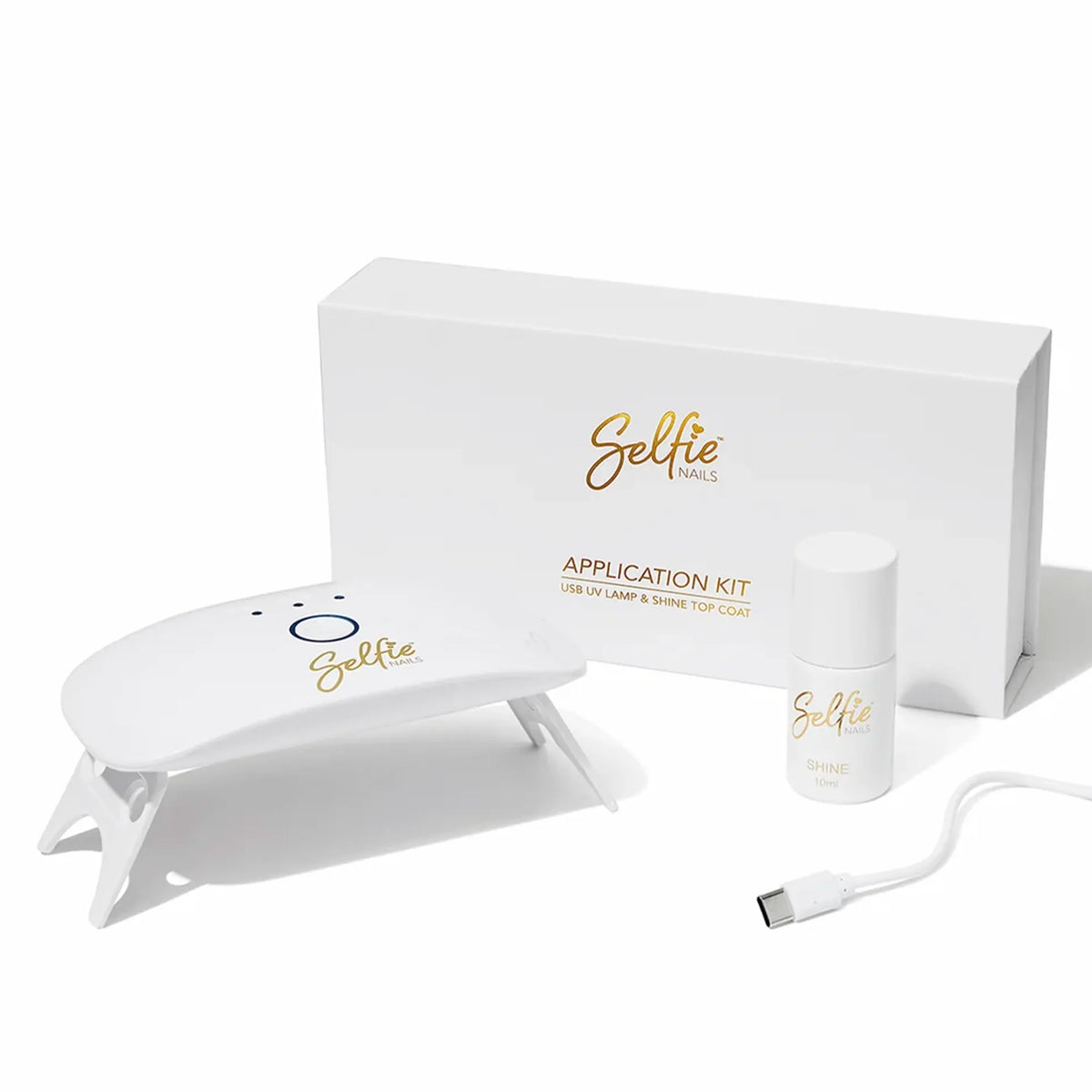 Selfie Nails Application Kit with foldable white USB UV lamp, Shine Top Coat 10ml and box