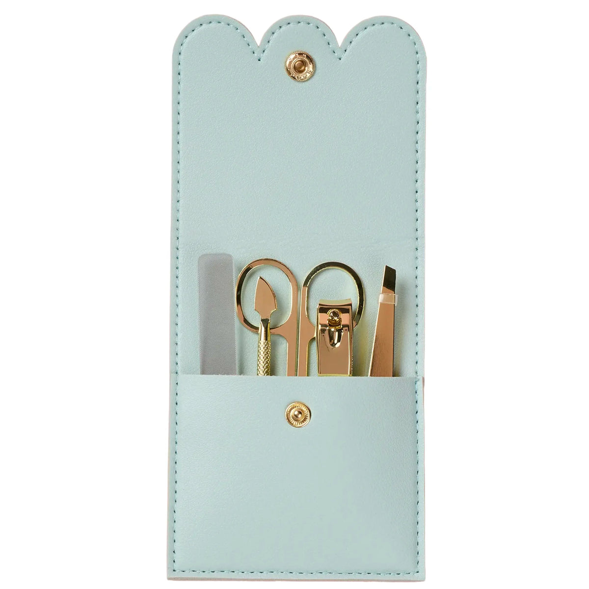 Selfie Nails Manicure Tool Kit - Mint, gold manicure tools in an open mint scalloped pouch