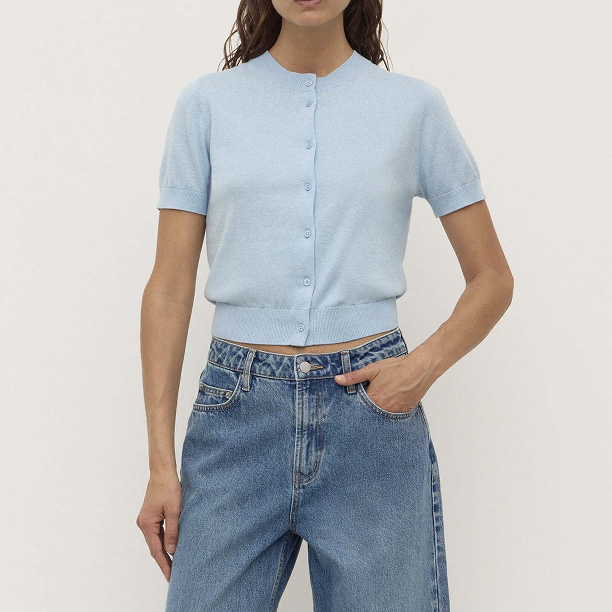 Alt Tag: Assembly Label Semra Cotton Cashmere Short Sleeve Cardigan - Salt button-down short sleeve knit cardigan front view