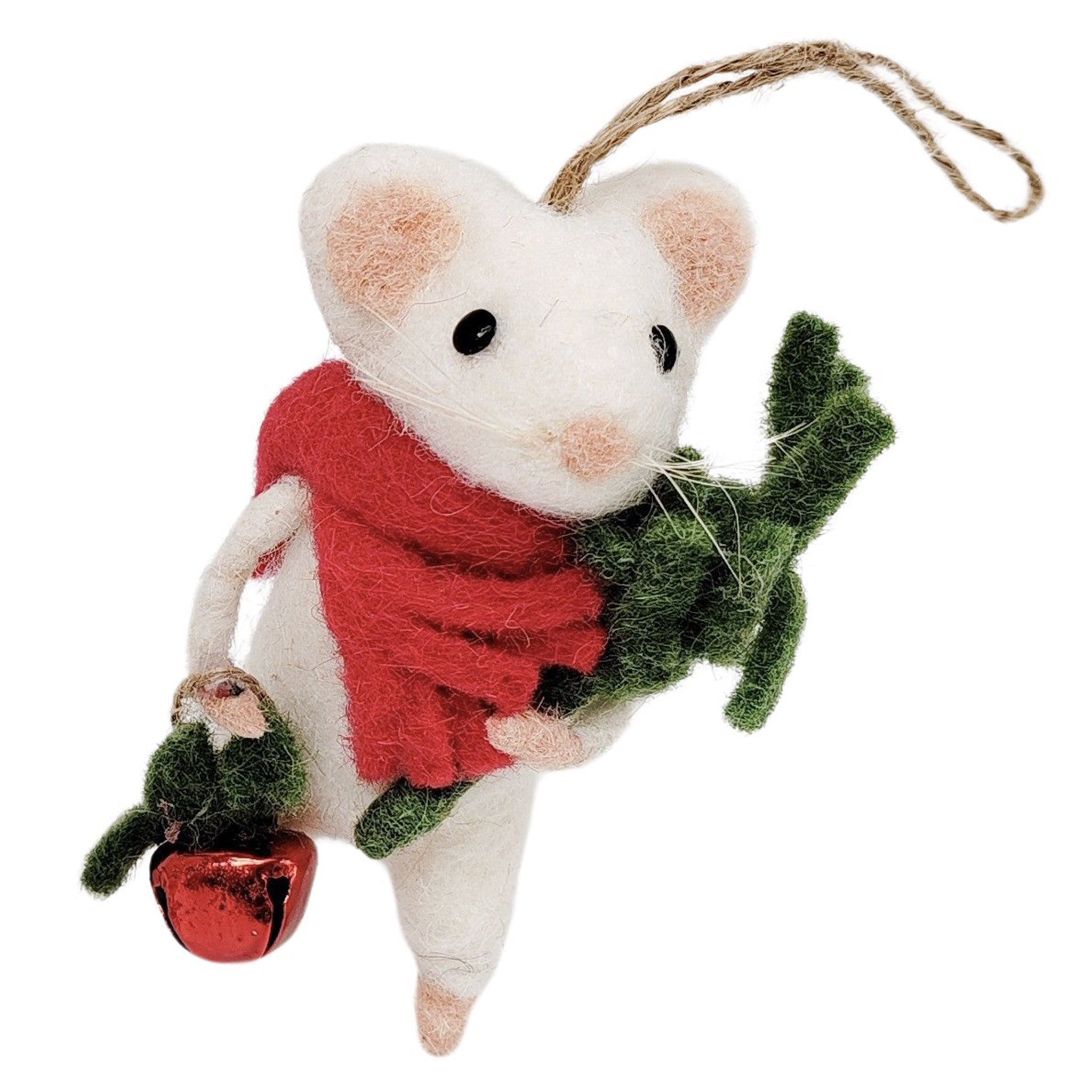 Plush mouse ornament with a red scarf, green leaves, and a red bell on a white background