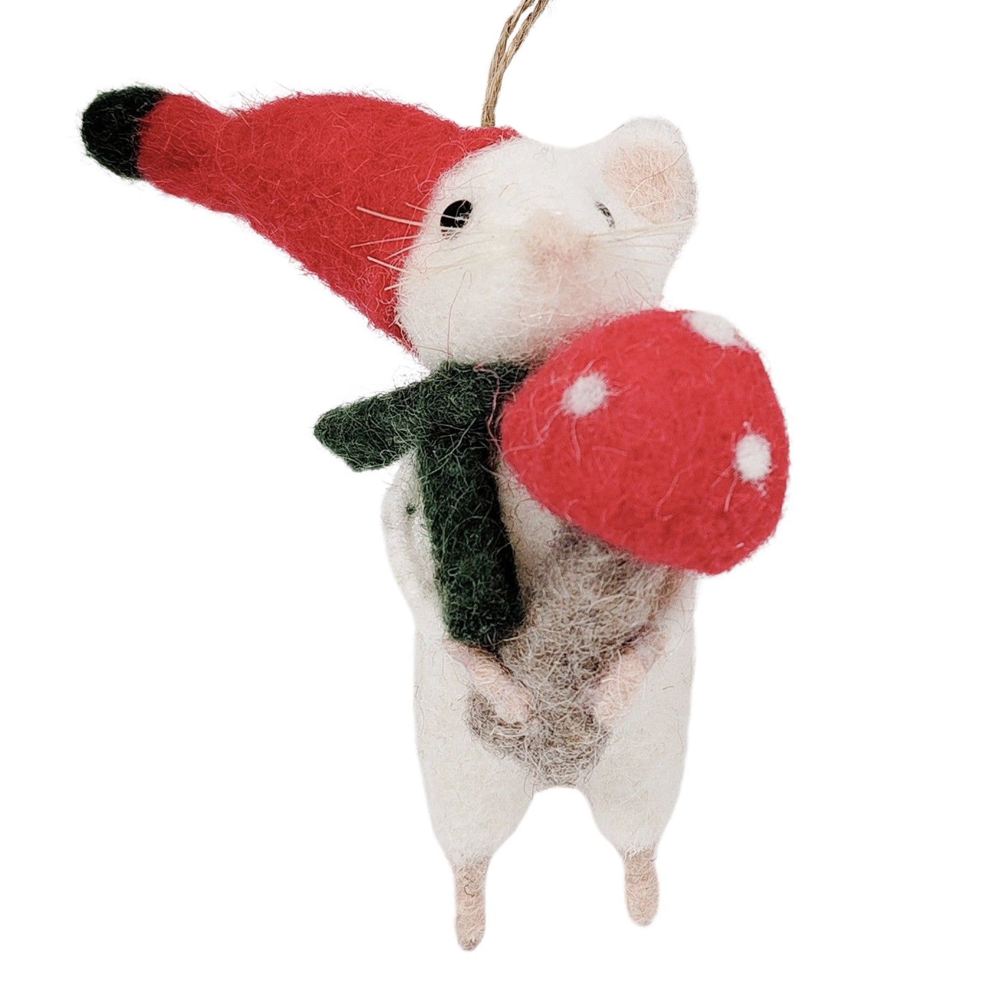 Felted mouse ornament wearing a red hat and scarf on a white background