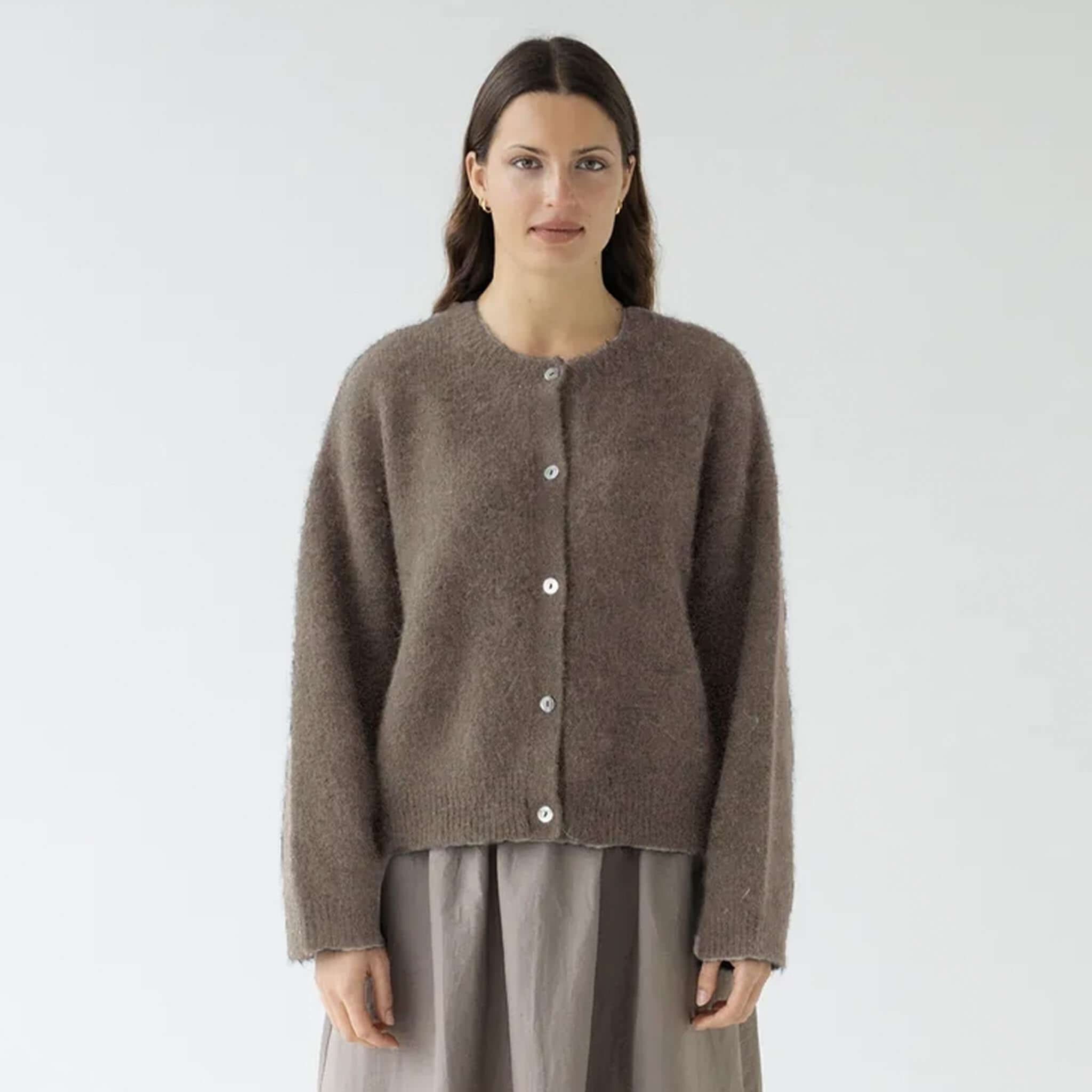 Sophie Alpaca & Merino Blend Cardigan - Walnut, soft alpaca merino cardigan, modern cropped silhouette.
