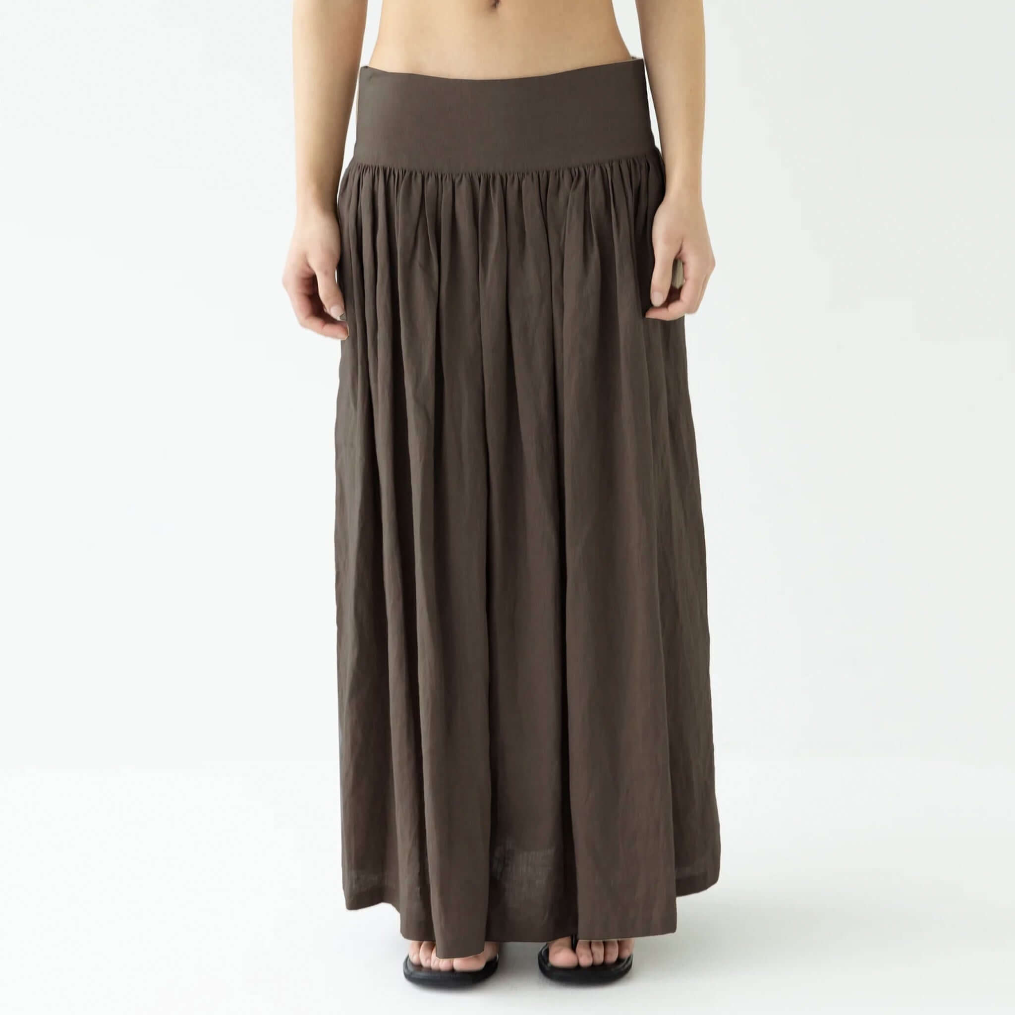 Alt Tag: Sophie I'm Ready Linen Skirt - Cocoa gathered full-length linen skirt with wide waistband and side pockets