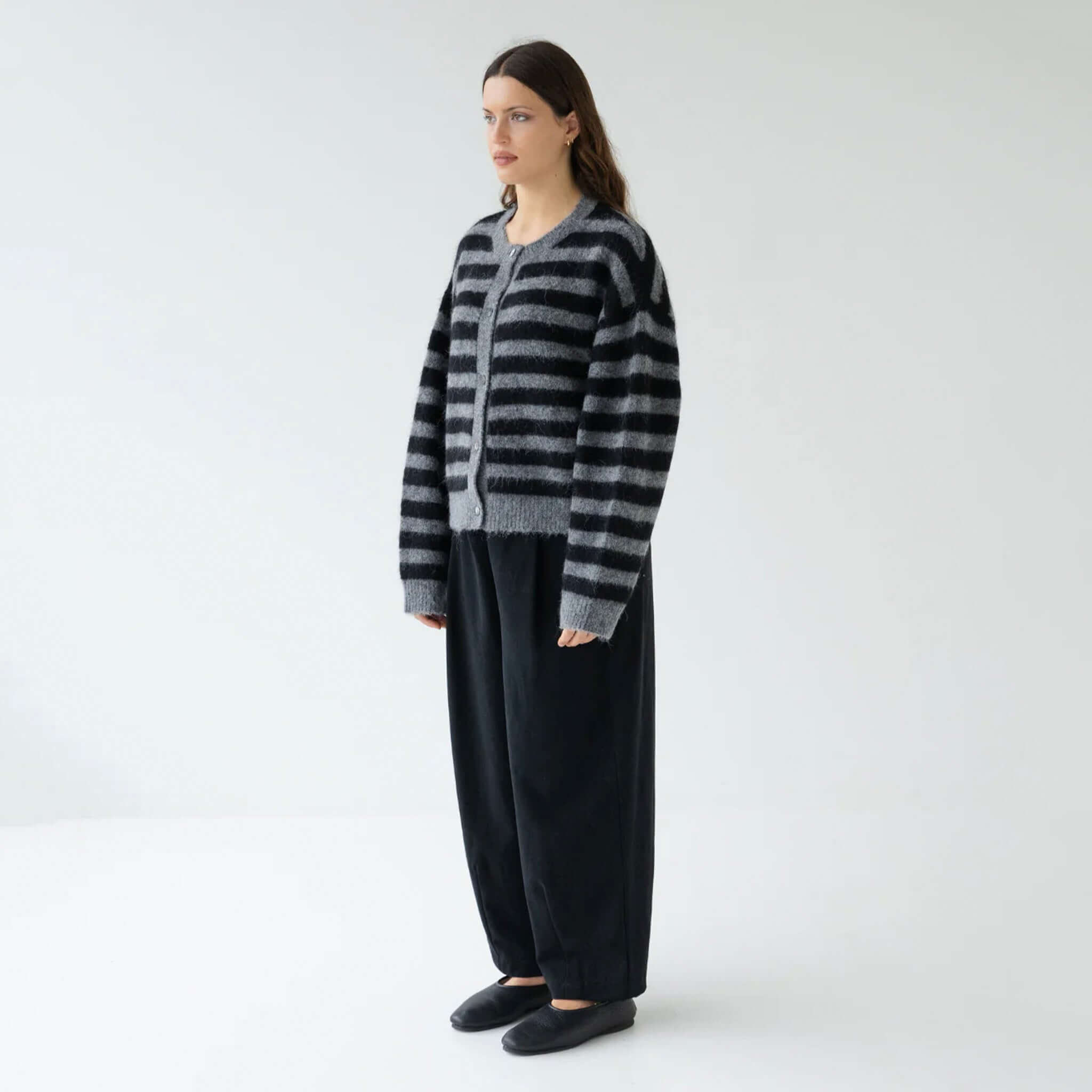 Sophie Alpaca & Merino Blend Cardigan - Graphite Stripe on model, boxy cropped striped knit layering cardigan