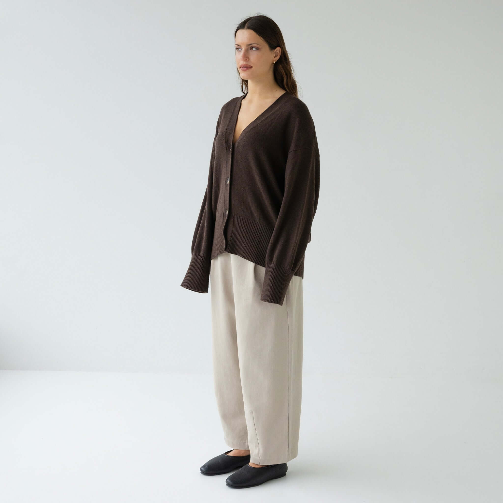 Sophie Love Me Cotton & Cashmere Cardigan - Cocoa oversized relaxed fit cardigan on model, soft cotton-cashmere layer