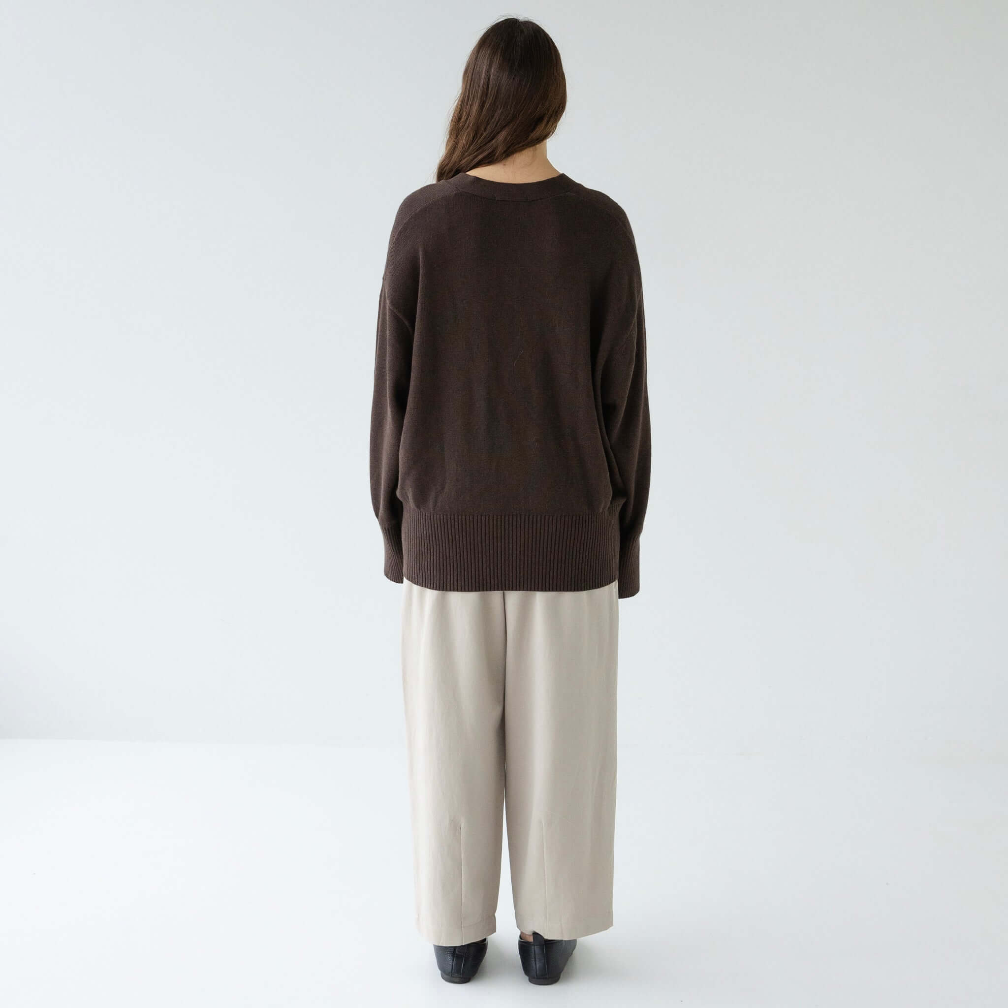 Alt Tag: Sophie Love Me Cotton & Cashmere Cardigan - Cocoa back view on model, relaxed oversized fit, soft cotton-cashmere knit layer