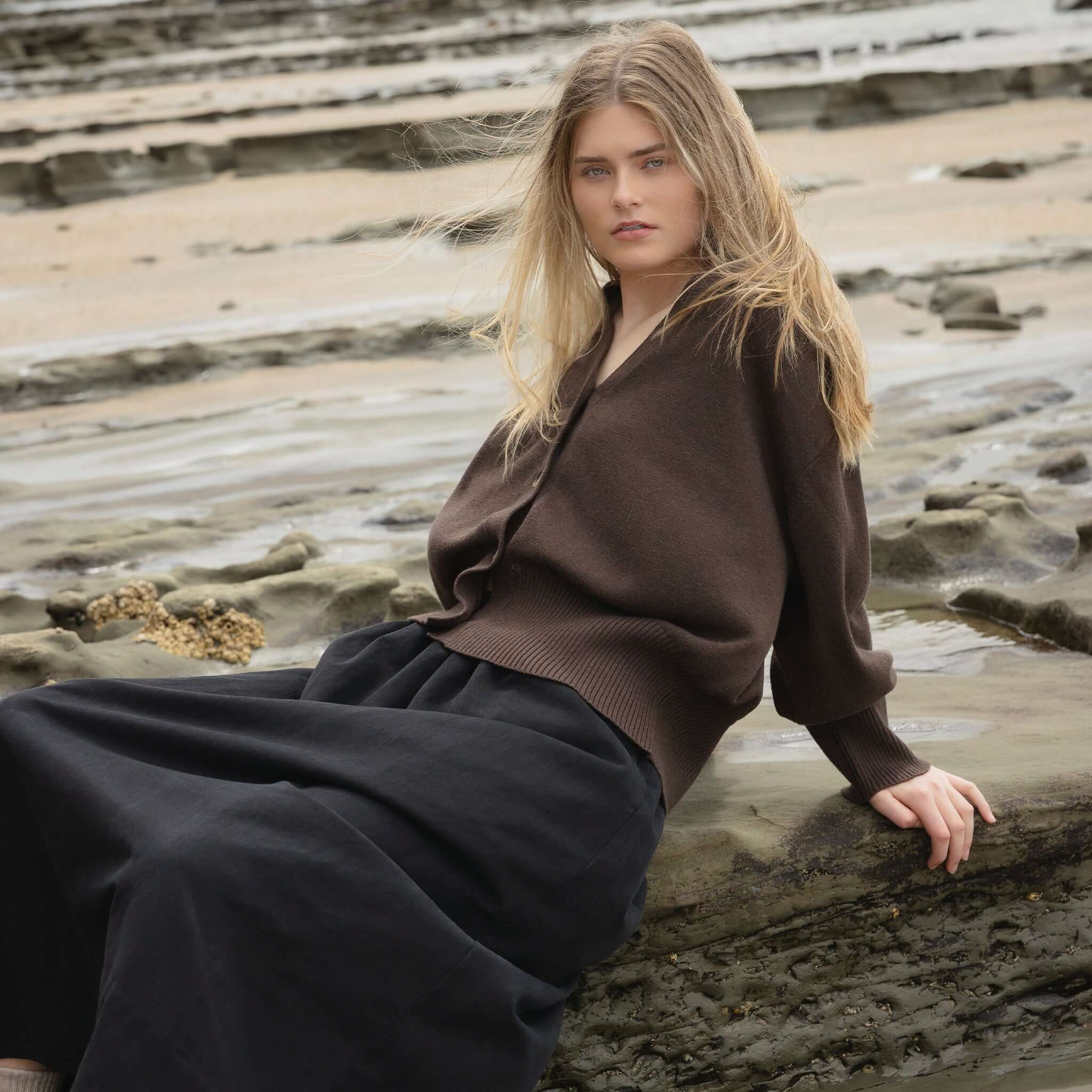 Sophie Love Me Cotton & Cashmere Cardigan - Cocoa oversized relaxed fit cotton-cashmere cardigan styled on model outdoors
