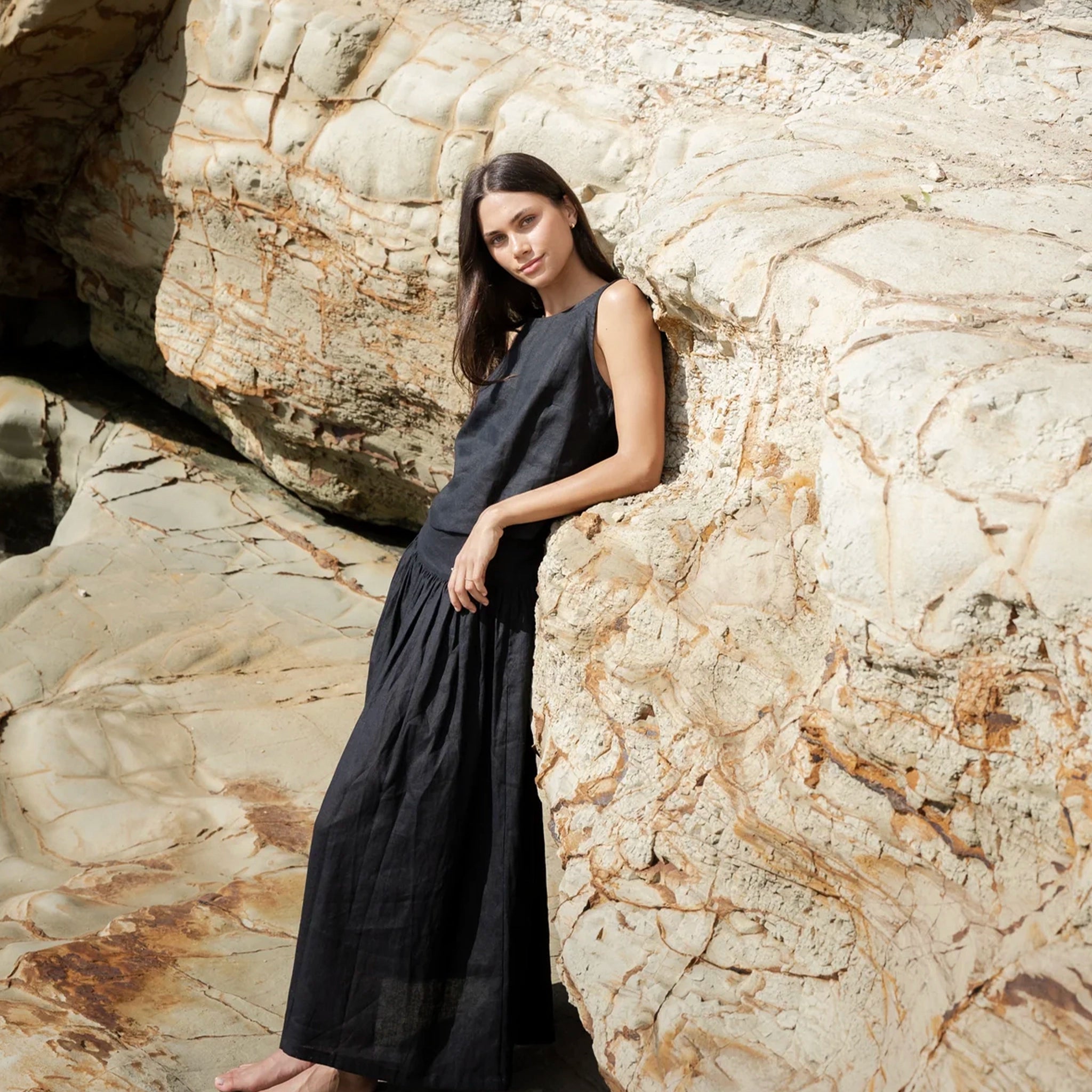 Sophie Shell Buttons Linen Top - Black