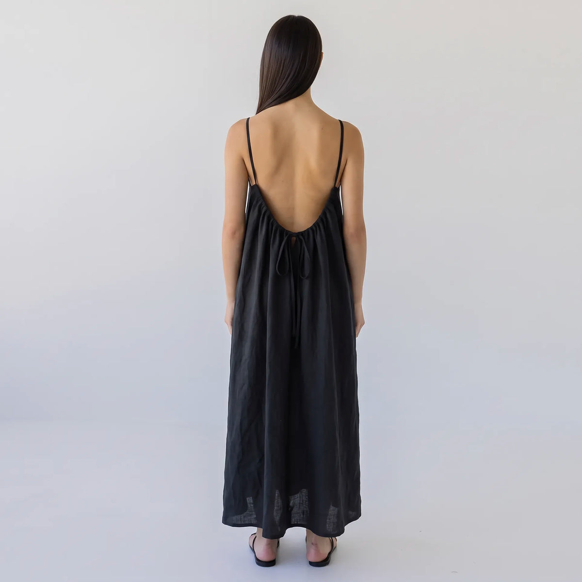 Sophie Tie Back Linen Midi Dress - Black