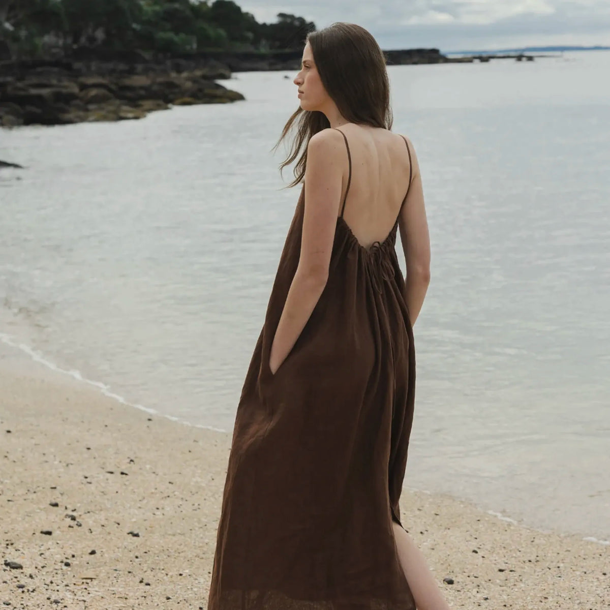 Sophie Tie Back Linen Midi Dress - Cocoa