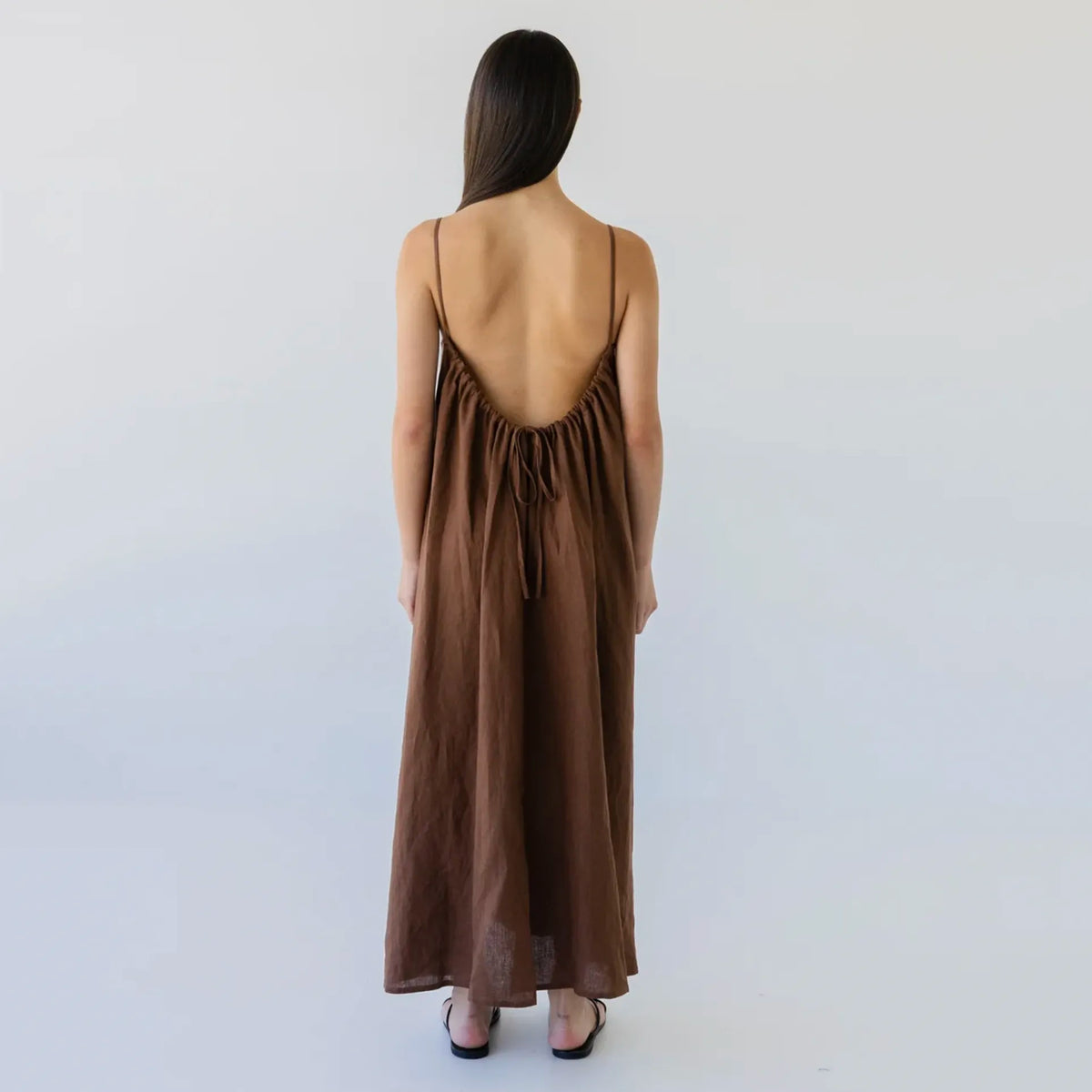 Sophie Tie Back Linen Midi Dress - Cocoa