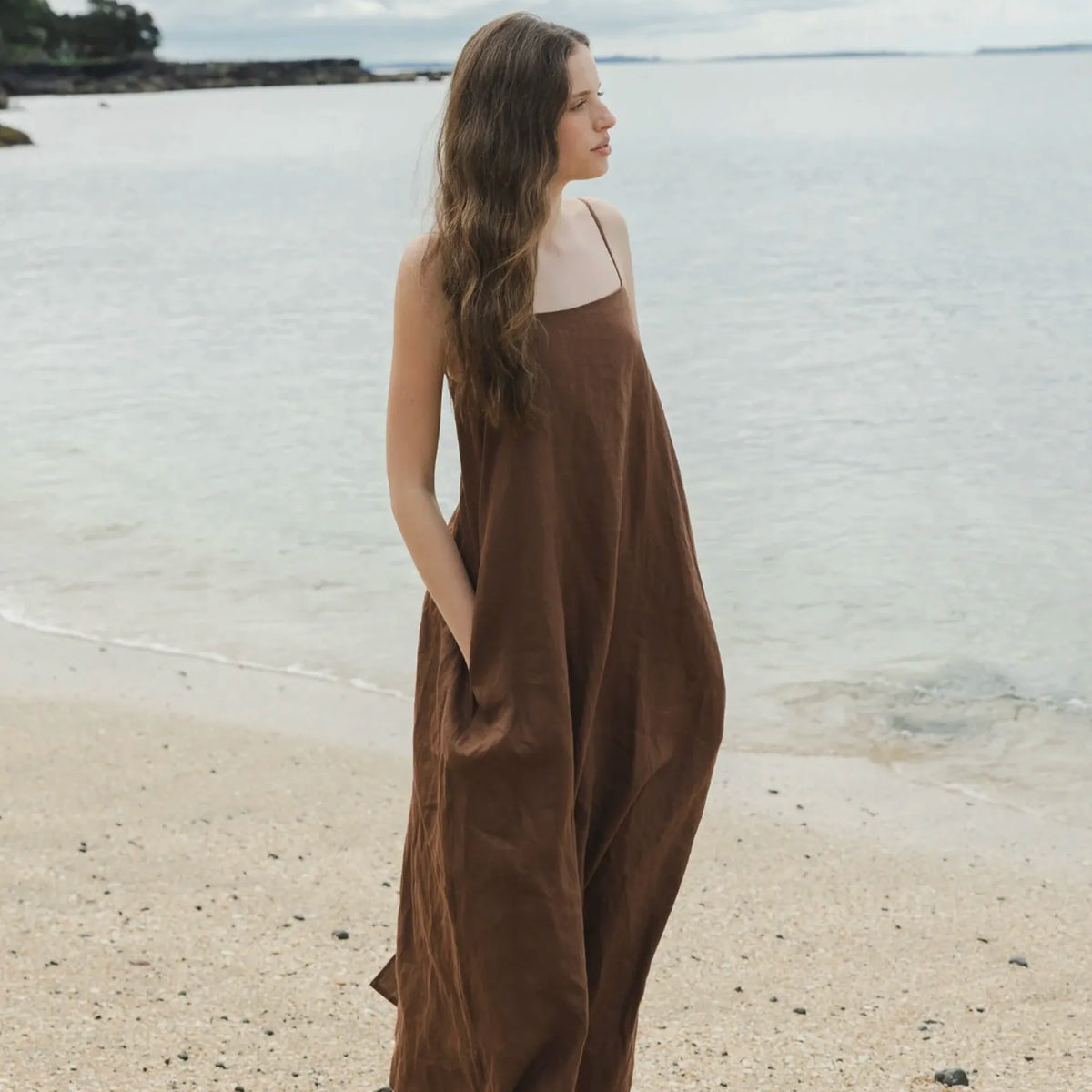 Sophie Tie Back Linen Midi Dress - Cocoa