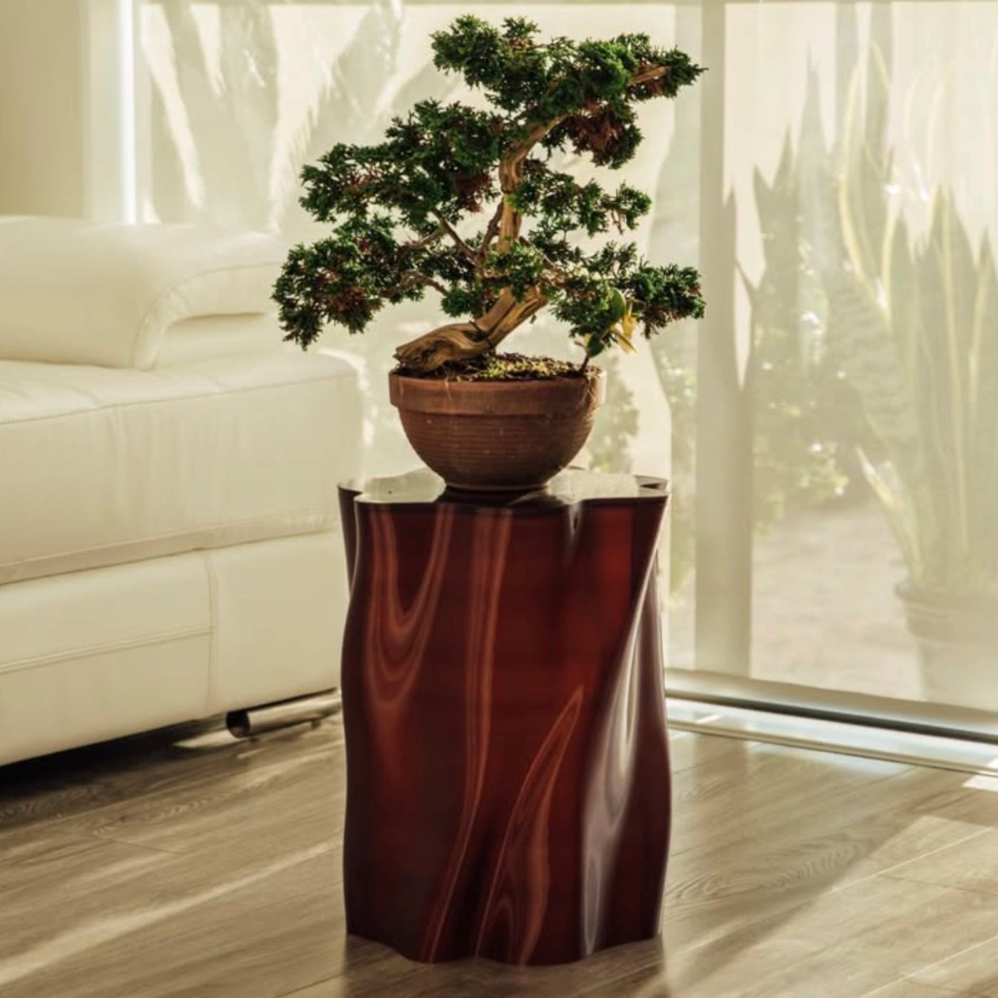 Bonsai tree on a decorative wooden stand in a living room setting