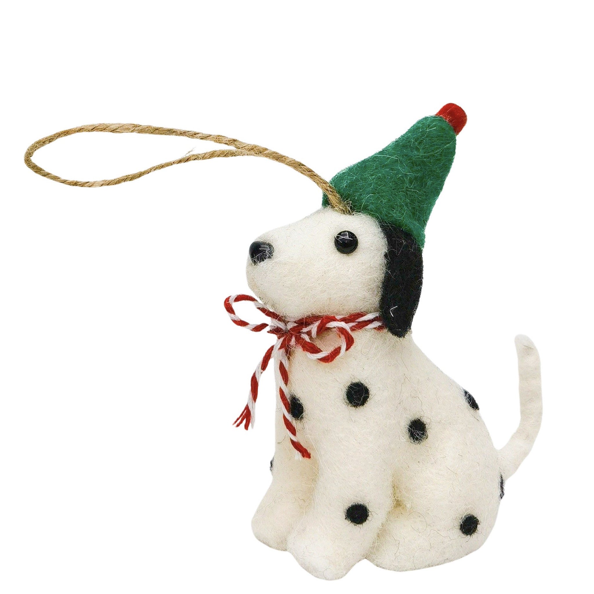 Felted dog ornament with a green hat and red ribbon on a white background