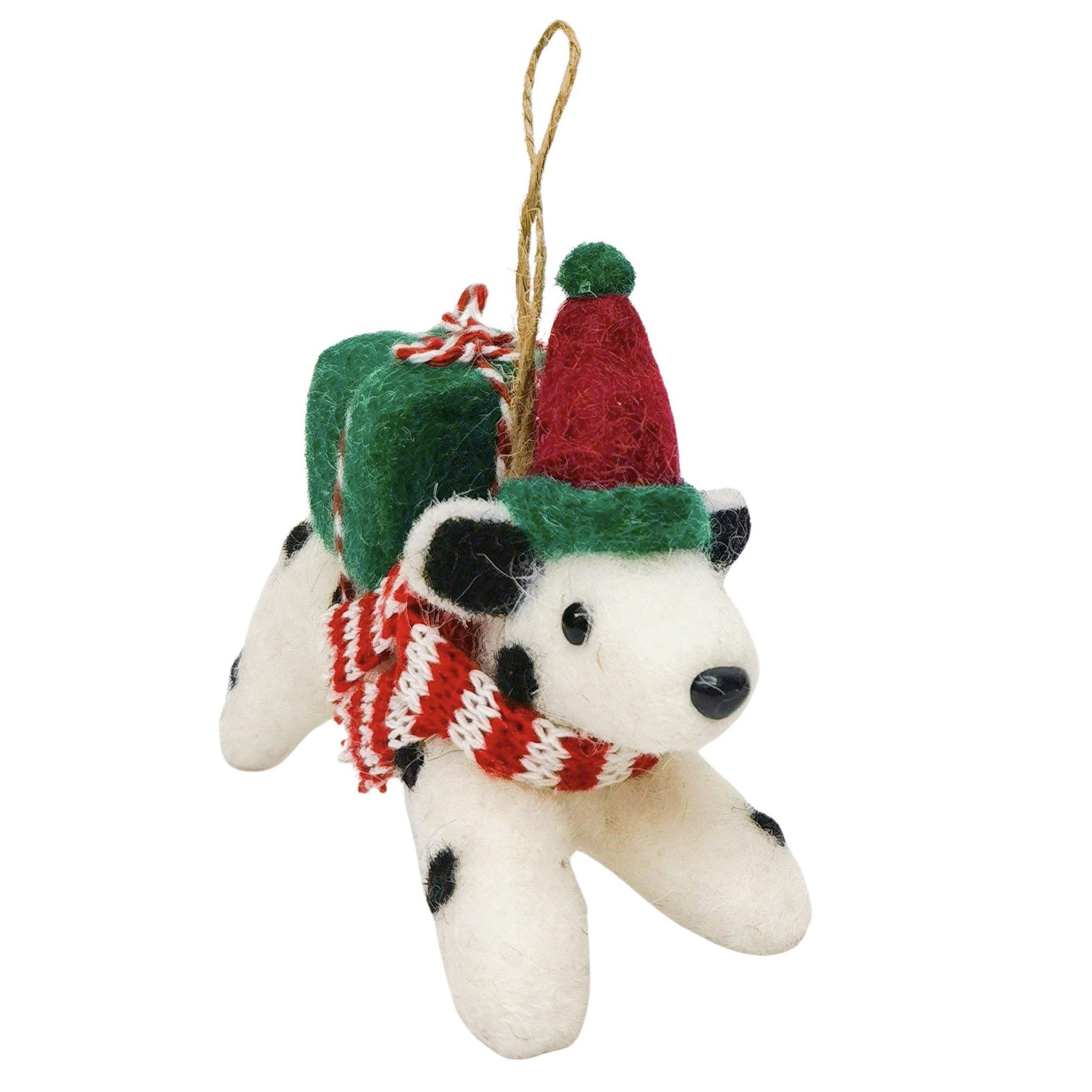 Christmas-themed dog ornament with a hat and scarf on a white background
