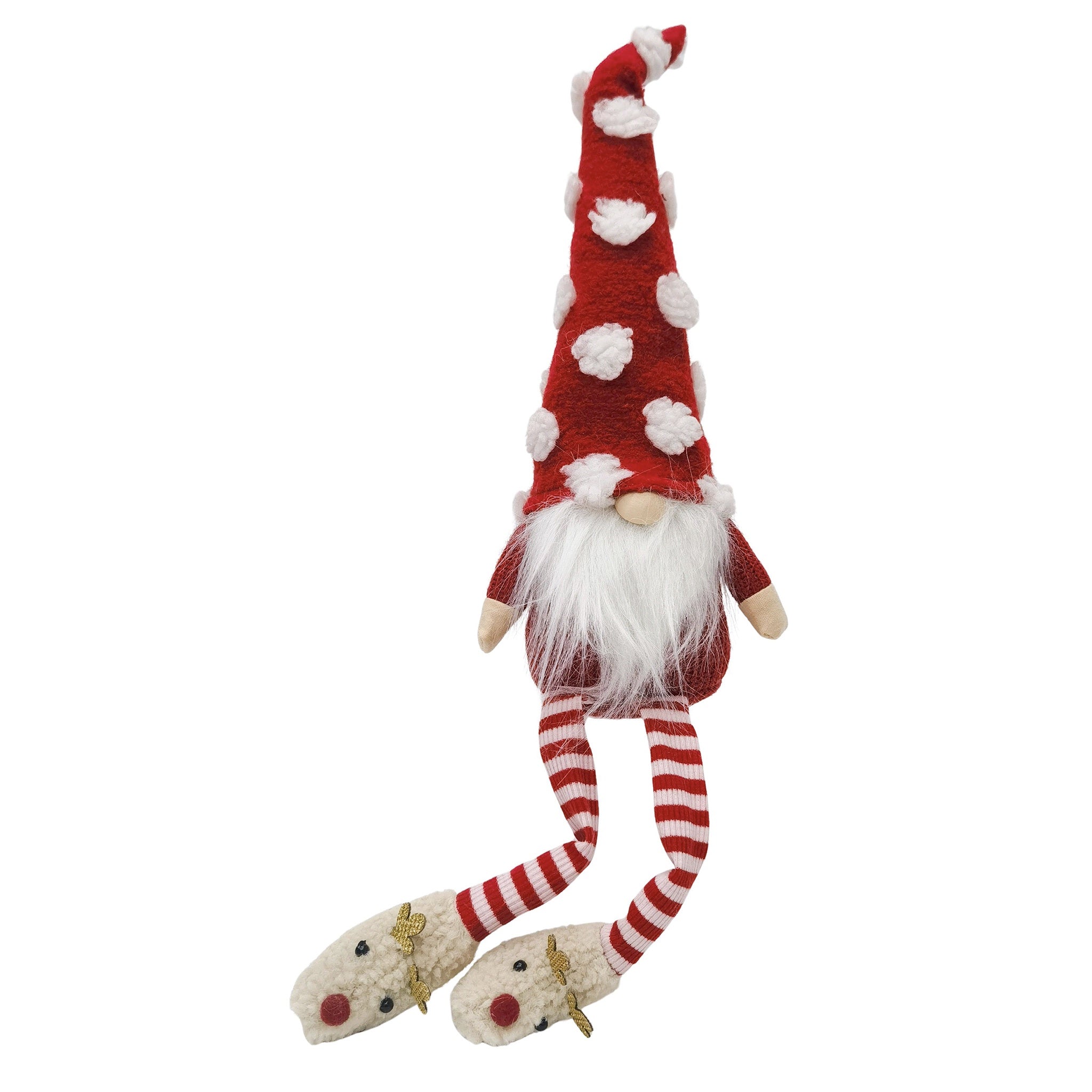 Red and white gnome figurine with striped legs on a white background