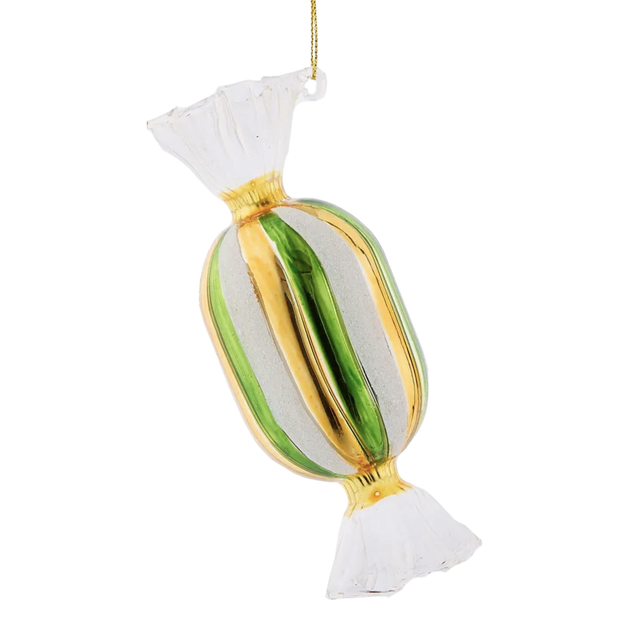Decorative candy ornament with green and gold stripes on a white background