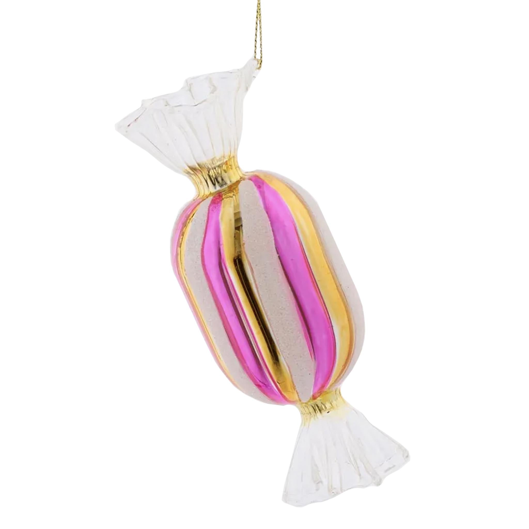 Decorative candy ornament with pink and gold stripes on a white background