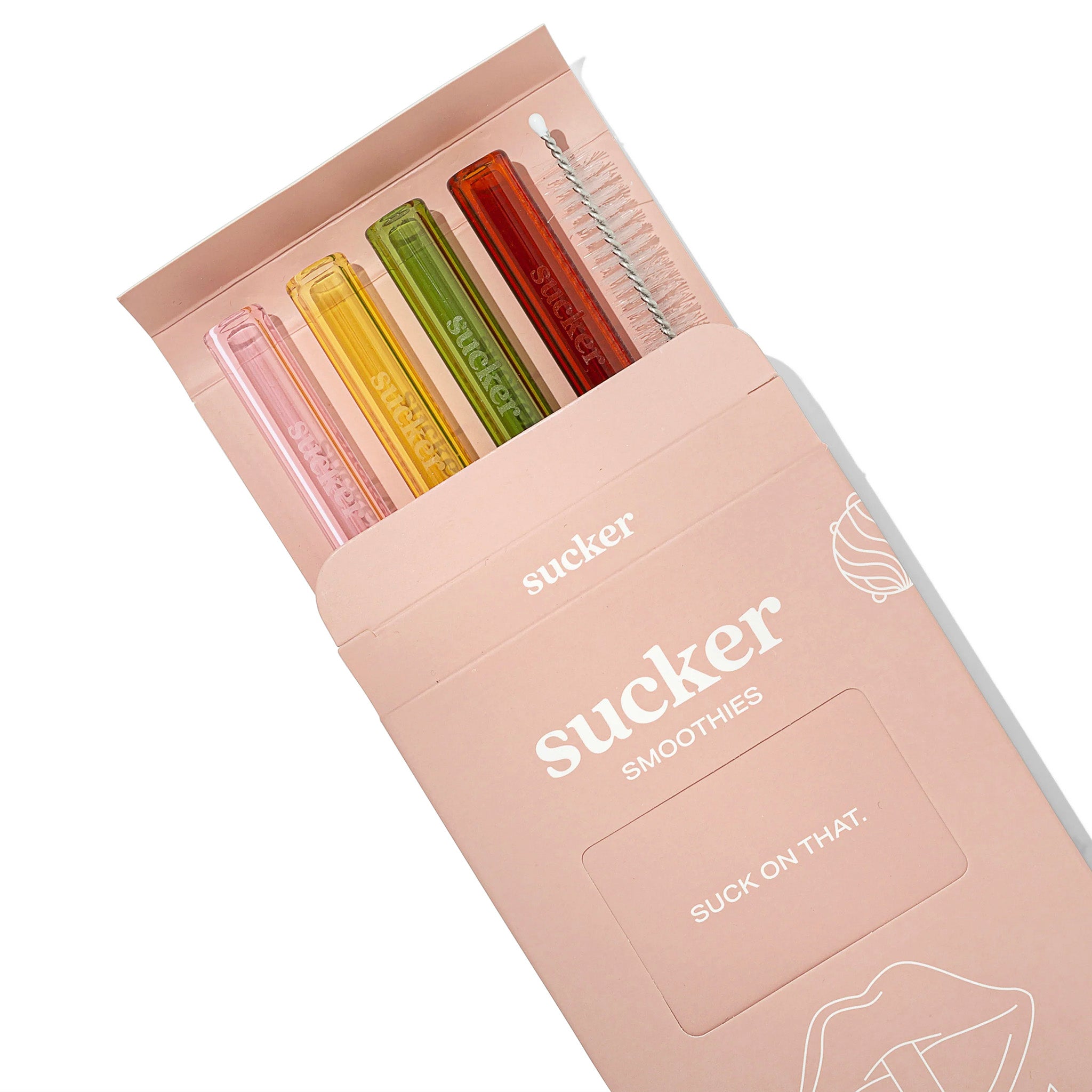 Set of colorful smoothie straws in a 'sucker' branded box on a white background