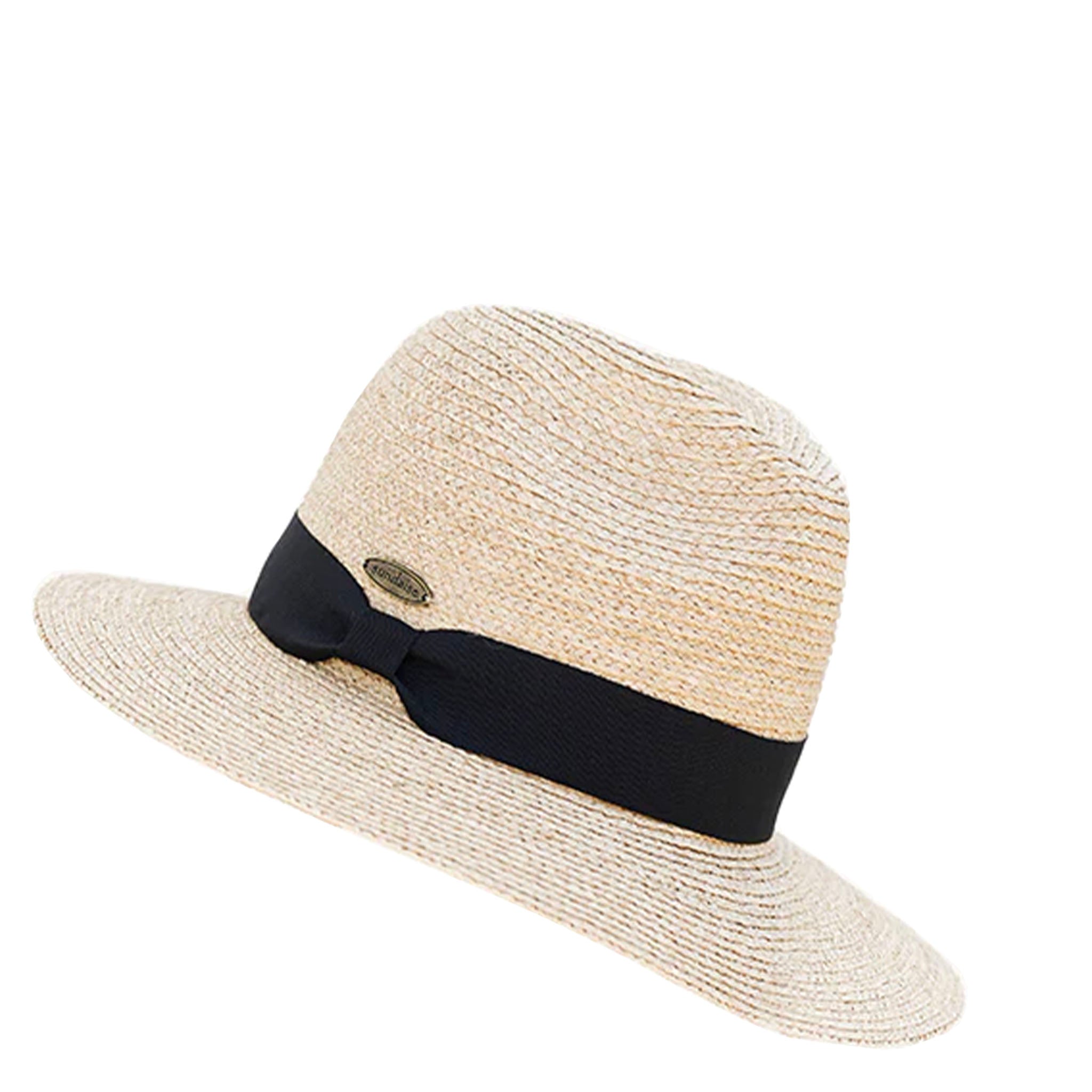 Beige straw hat with a black band on a white background
