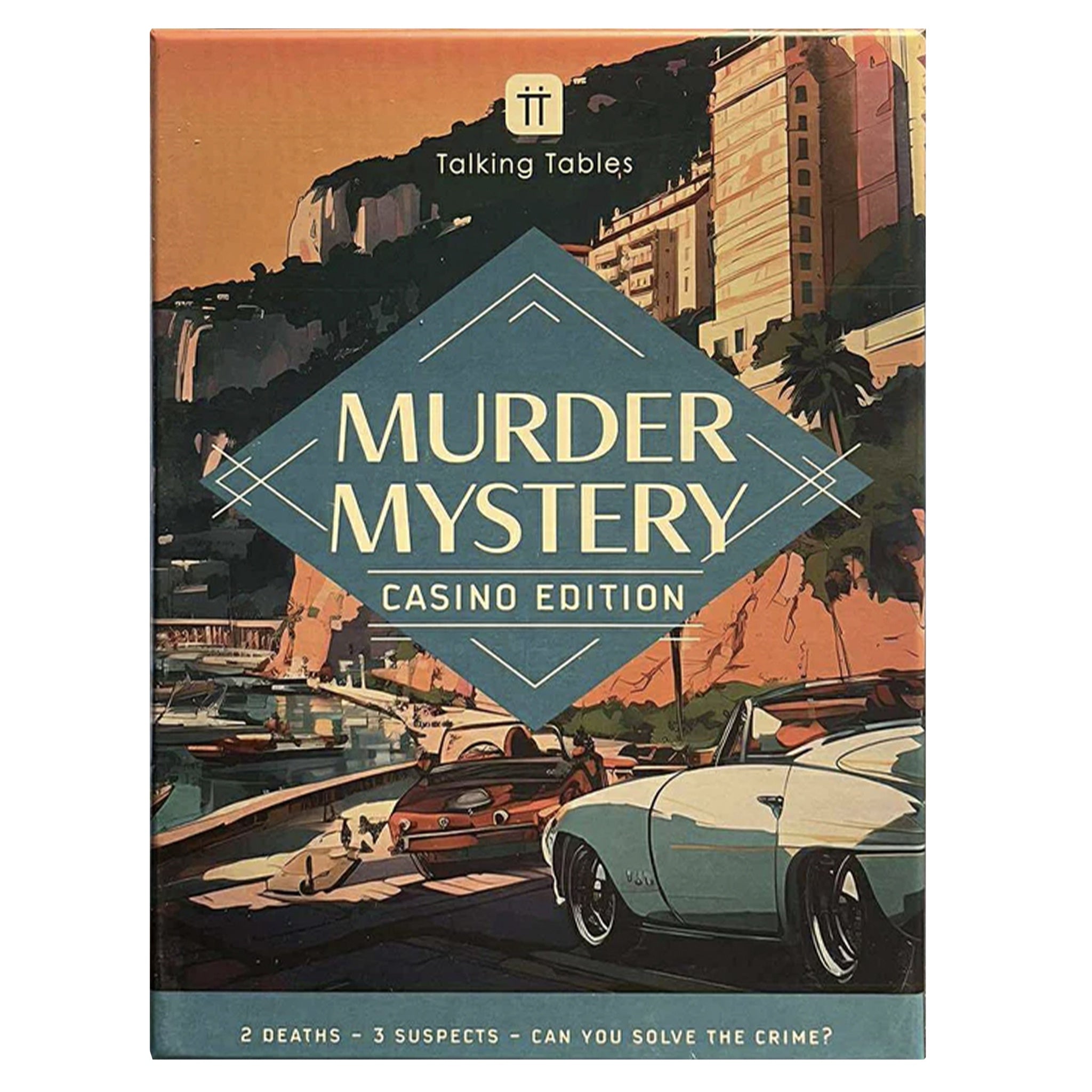 Box for 'Murder Mystery Casino Edition' game by Talking Tables with a cityscape and vintage cars on the cover.