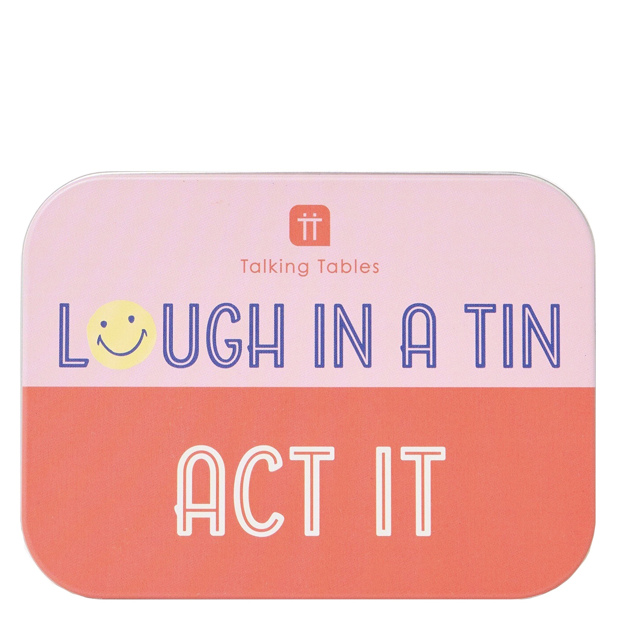 Pink and orange tin with 'Talking Tables' logo and text 'Laugh in a Tin Act It'