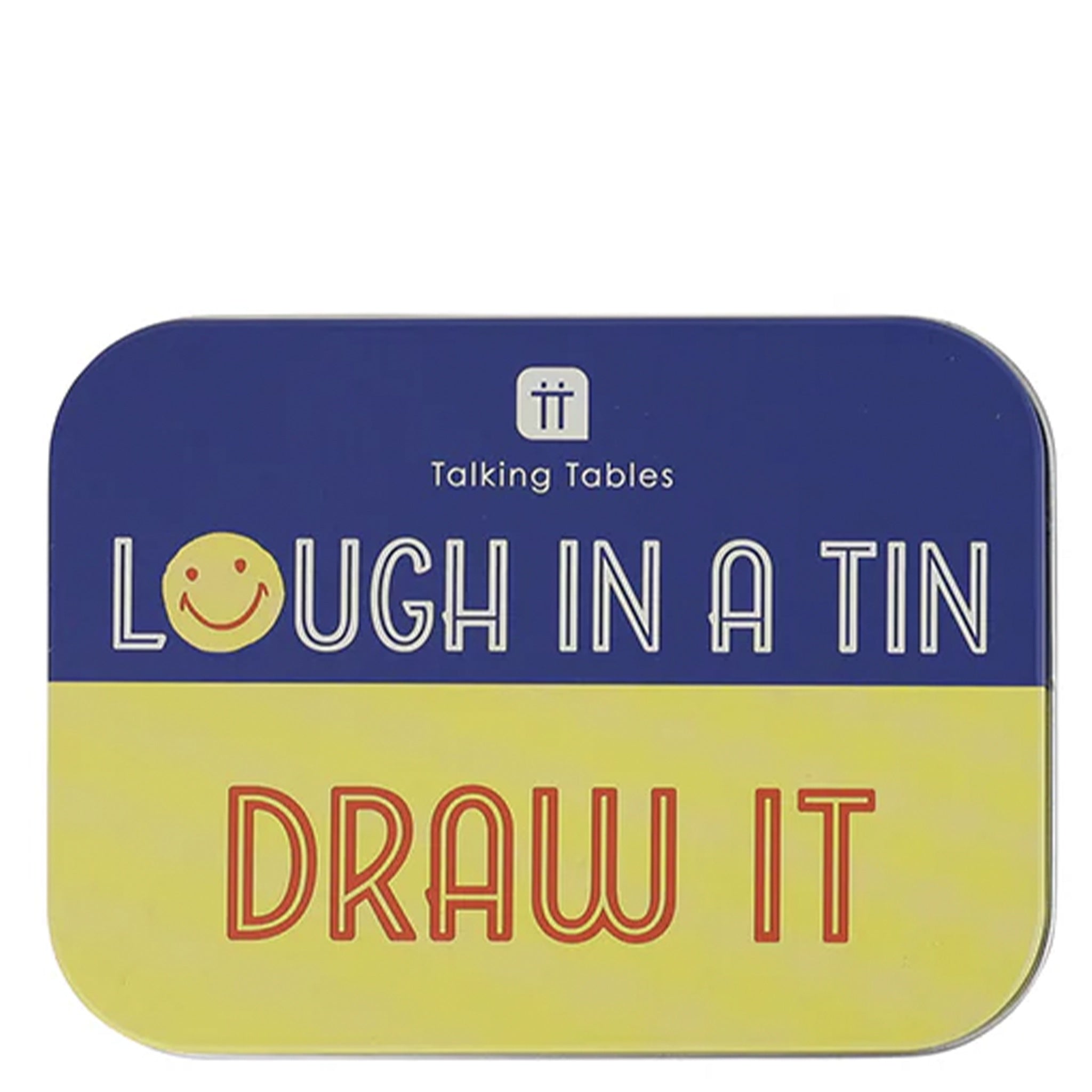 Tin with 'Laugh in a Tin' and 'Draw It' text on a blue and yellow background