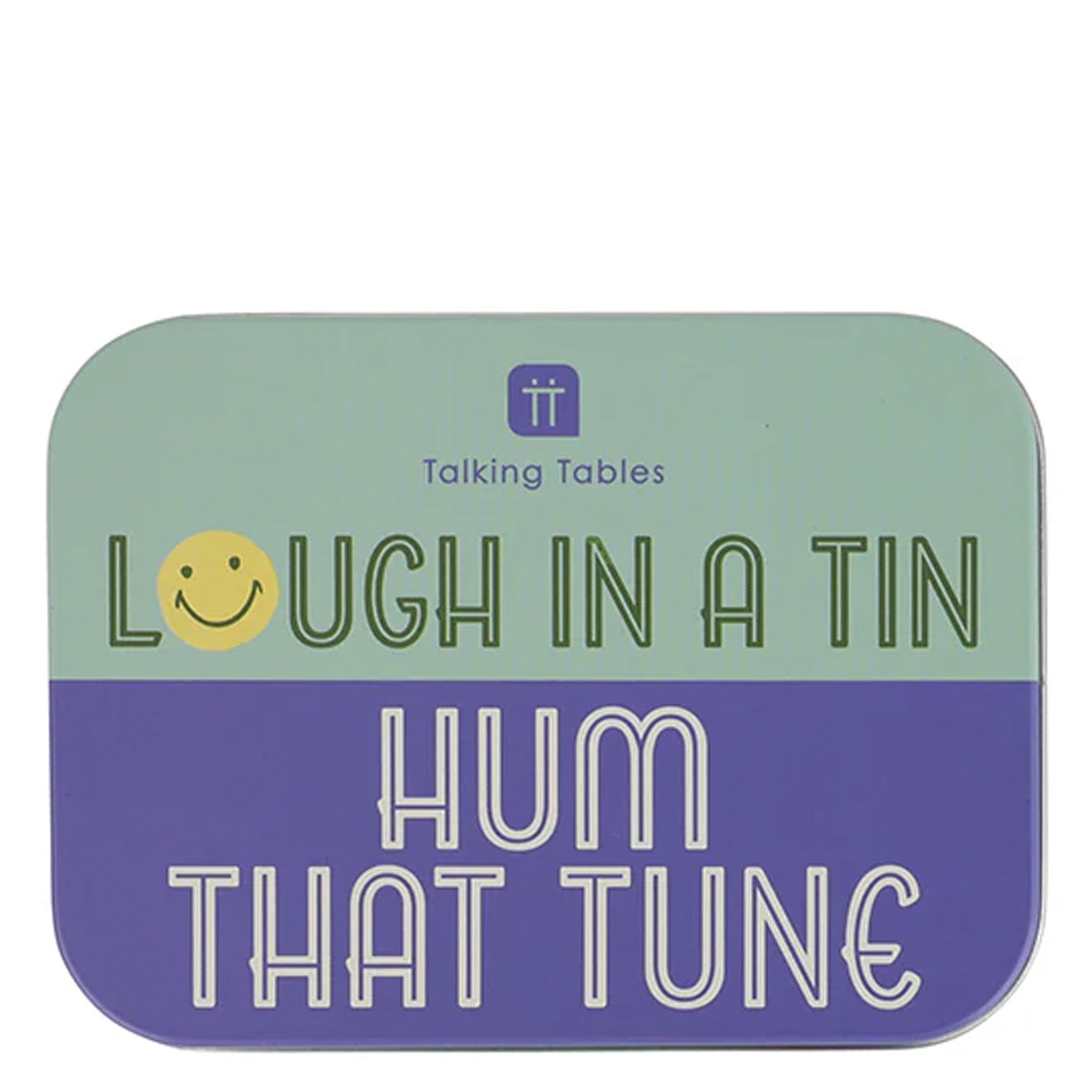 Tin with 'Talking Tables' branding and text 'Laugh in a Tin Hum That Tune' on a white background