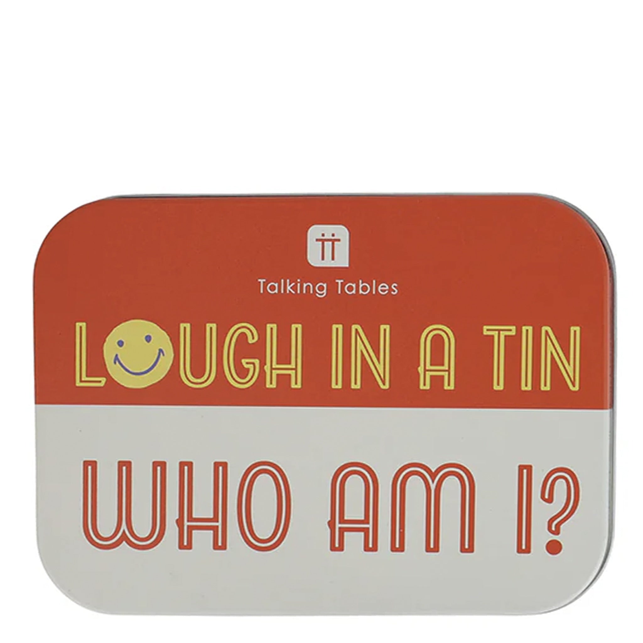 Tin with 'Laugh in a Tin Who Am I?' text and Talking Tables logo on a white background