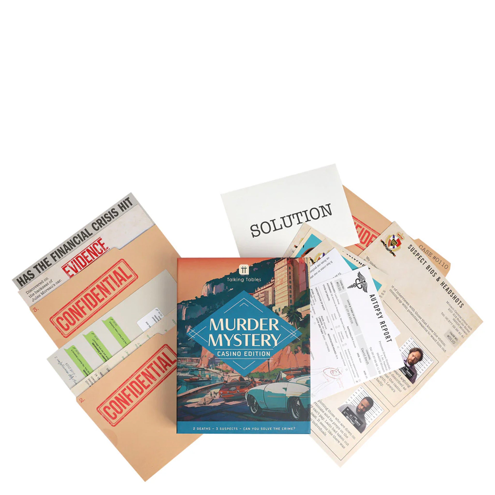 Murder mystery game set with clues and evidence on a white background