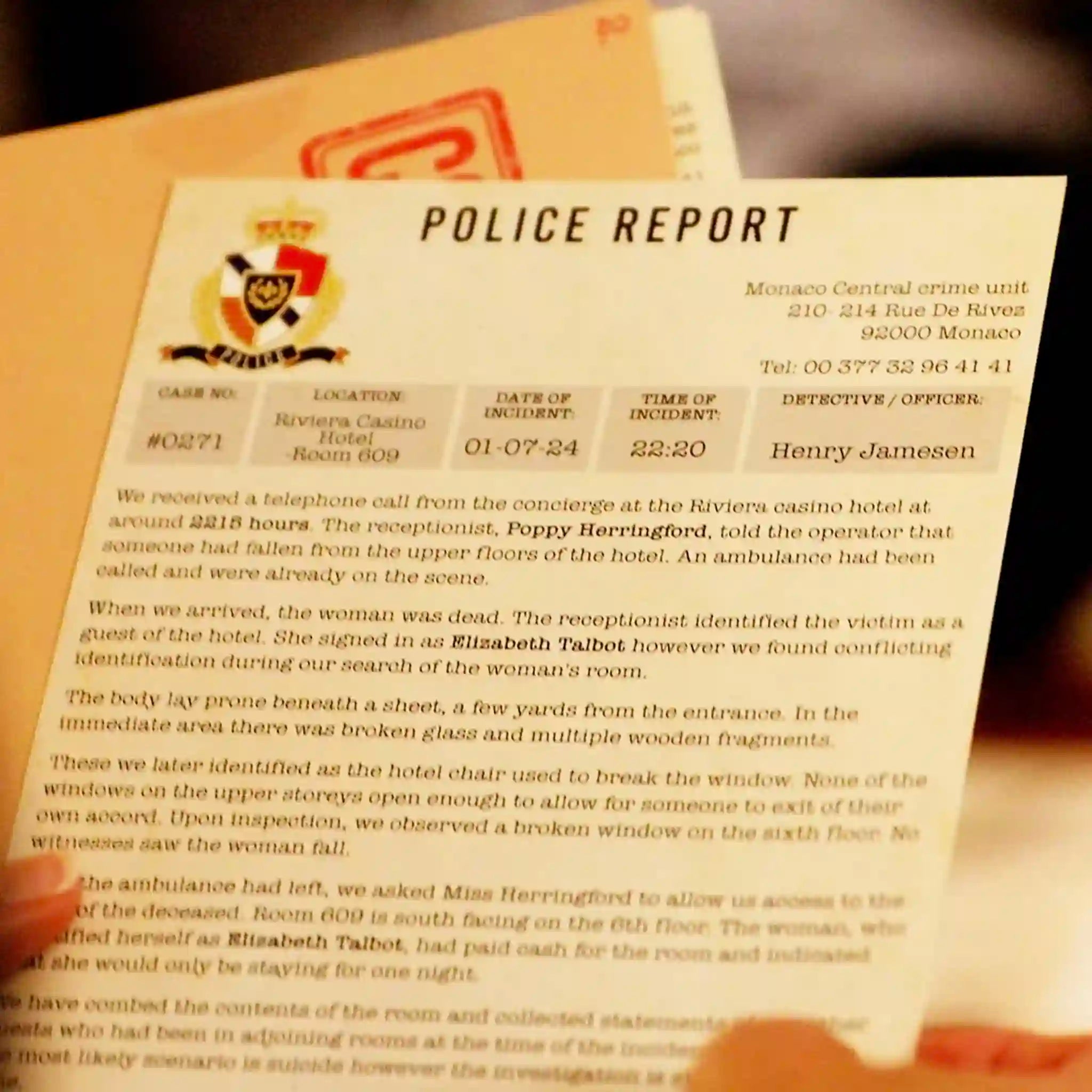 Police report from Monaco Central Crime Unit on a piece of paper with visible text.