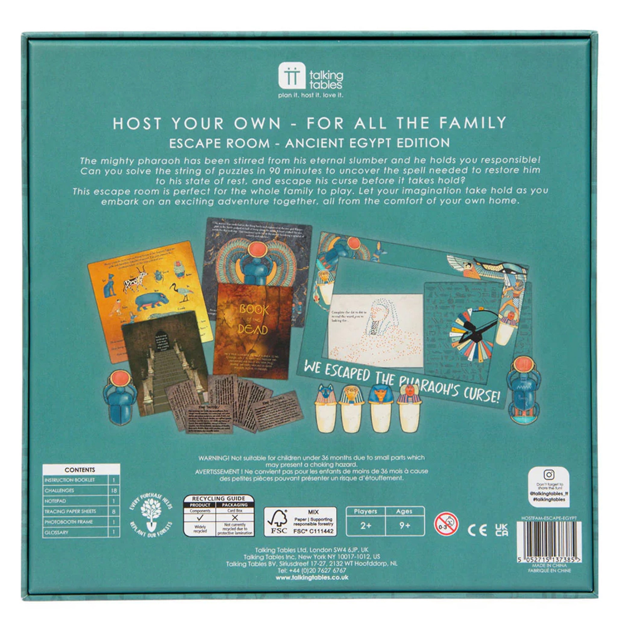 Back of a board game box for 'Ancient Egypt Edition' escape room game by Talking Pieces.